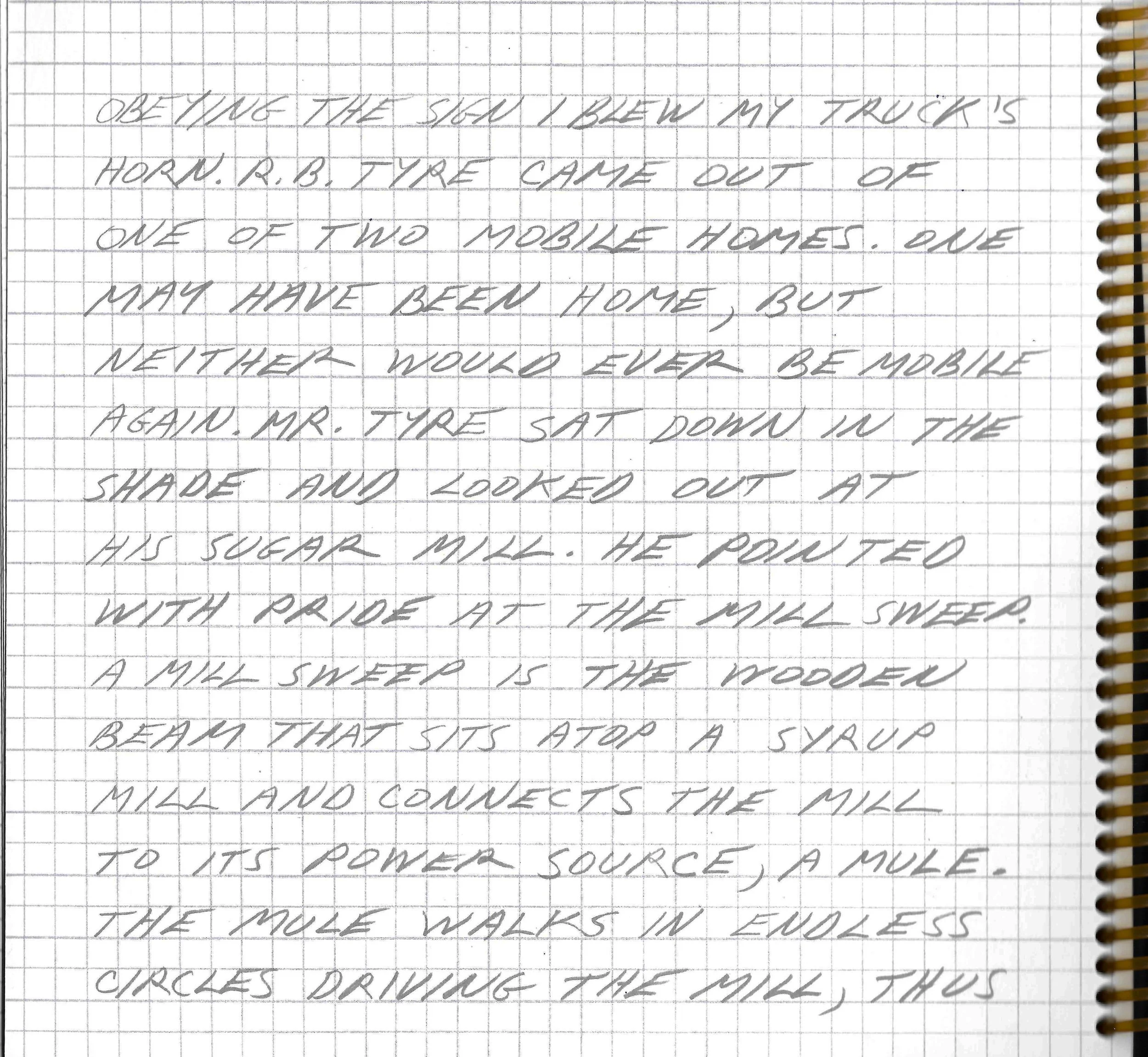 A handwritten story about a wooden mule riding in circles, driving a milk mill with a wooden beam.