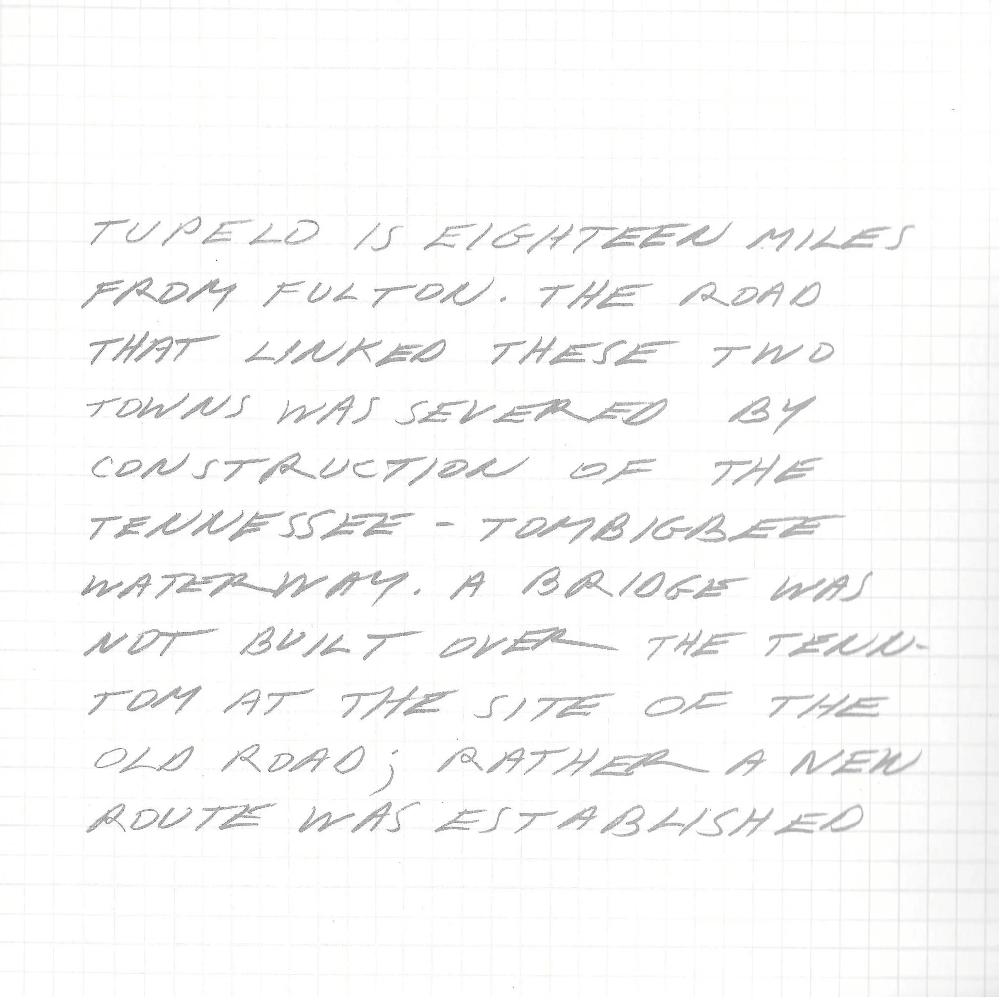 Handwritten note on graph paper discussing the construction of a waterway in Tennessee, referencing the linking of two towns and a new route established.