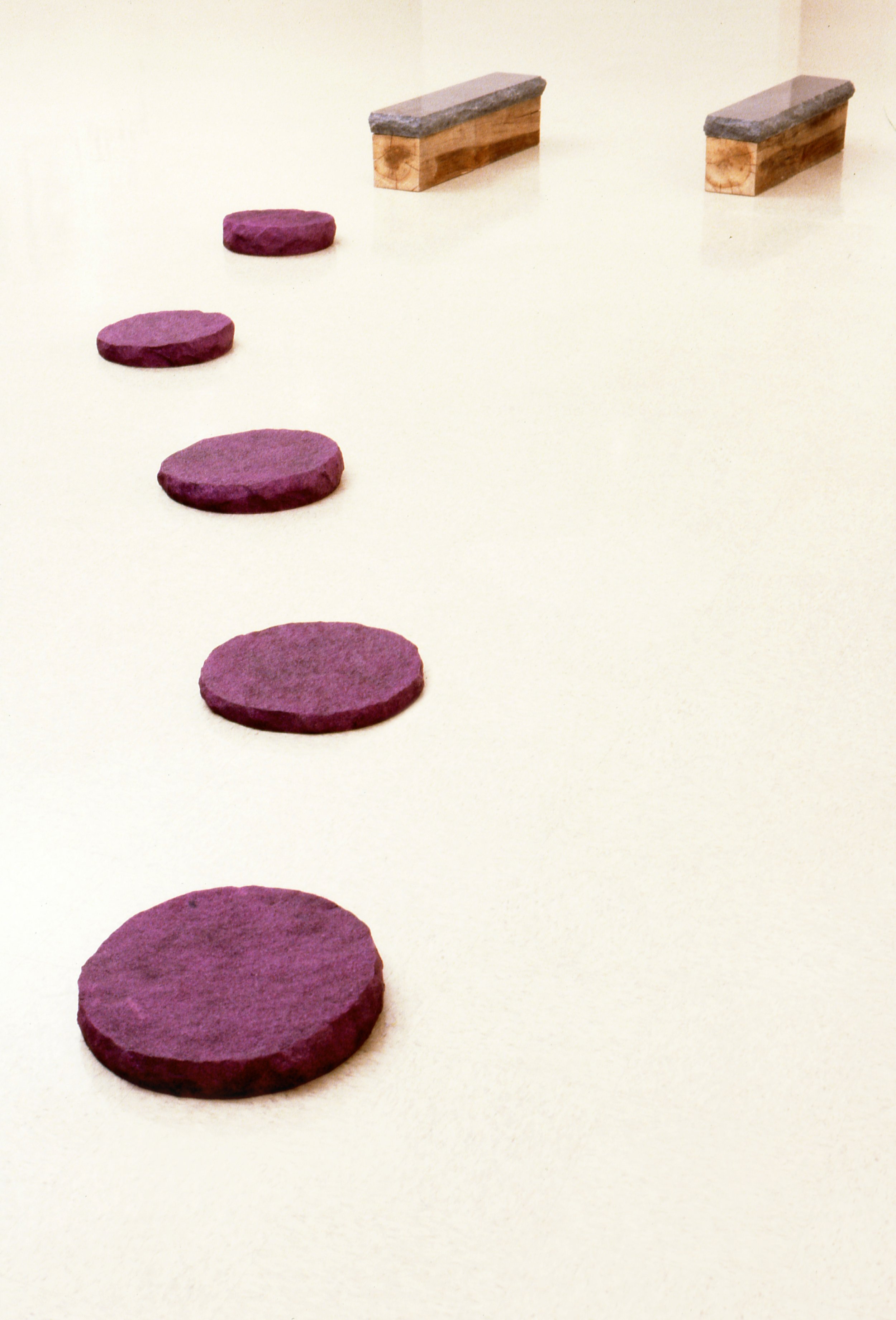 Pink felt circles arranged in decreasing size on a beige surface, with wooden blocks with gray tops in the background.