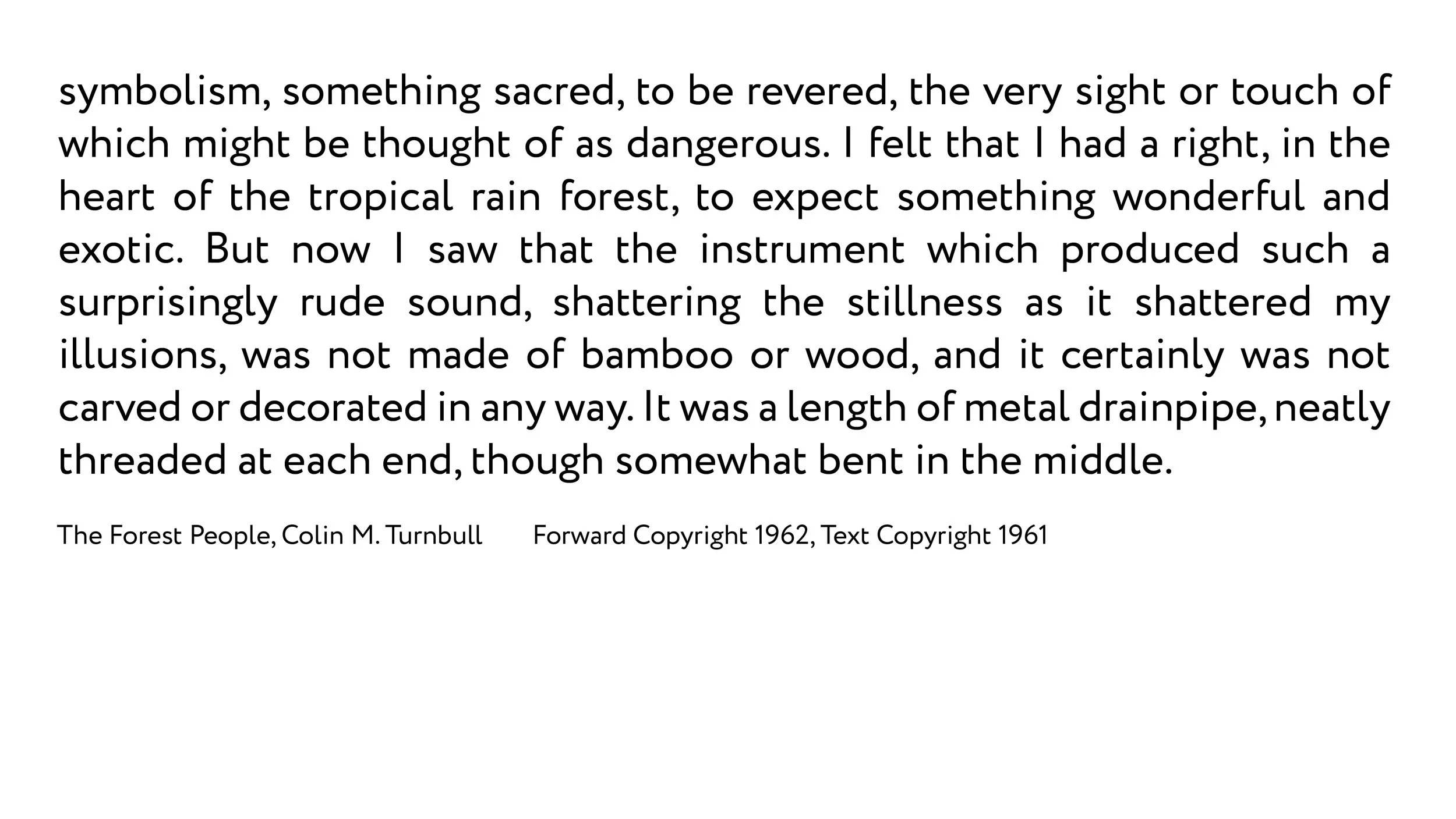 A page from a book with a quote about an exotic musical instrument resembling a metal drainpipe, with author and copyright information at the bottom.