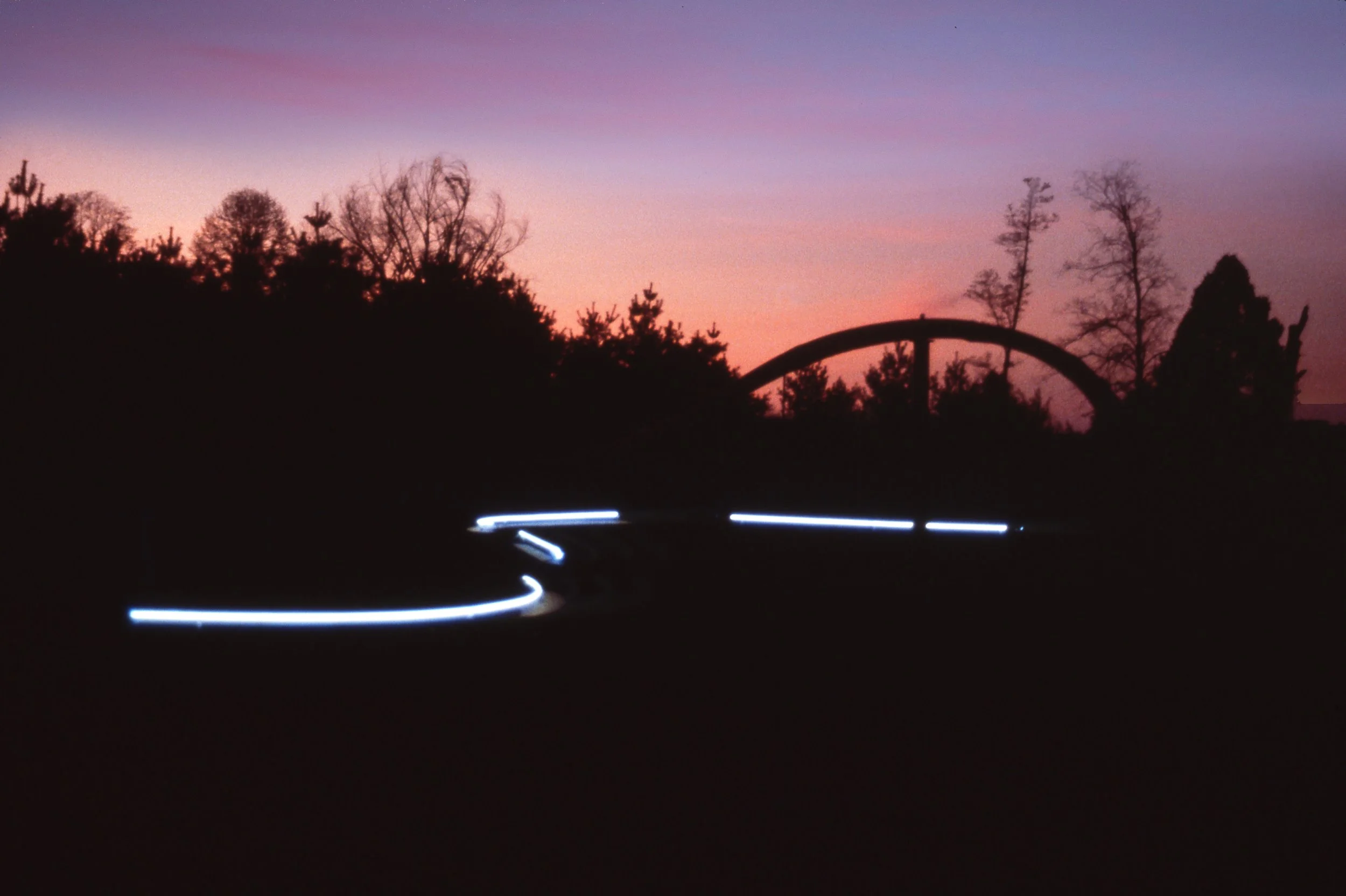 Silhouette of trees and a roller coaster against a colorful sunset sky, with glowing white light trails along the roller coaster track.