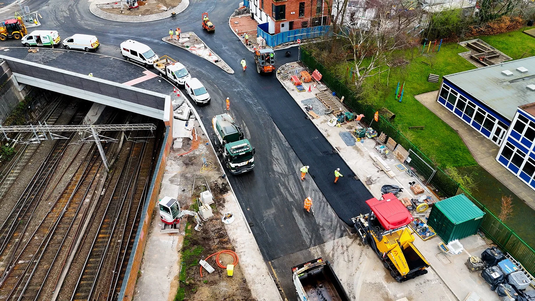 Drone shot of a road paver resurfacing a road at Greek Street in Stockport