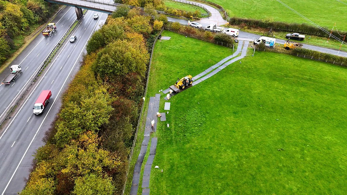 Drone shot of M65 and work undertaken on the farmers field next to the motorway