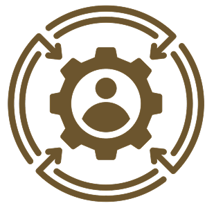 Icon of a person inside a gear with circular arrows around it, symbolizing user settings or system process.