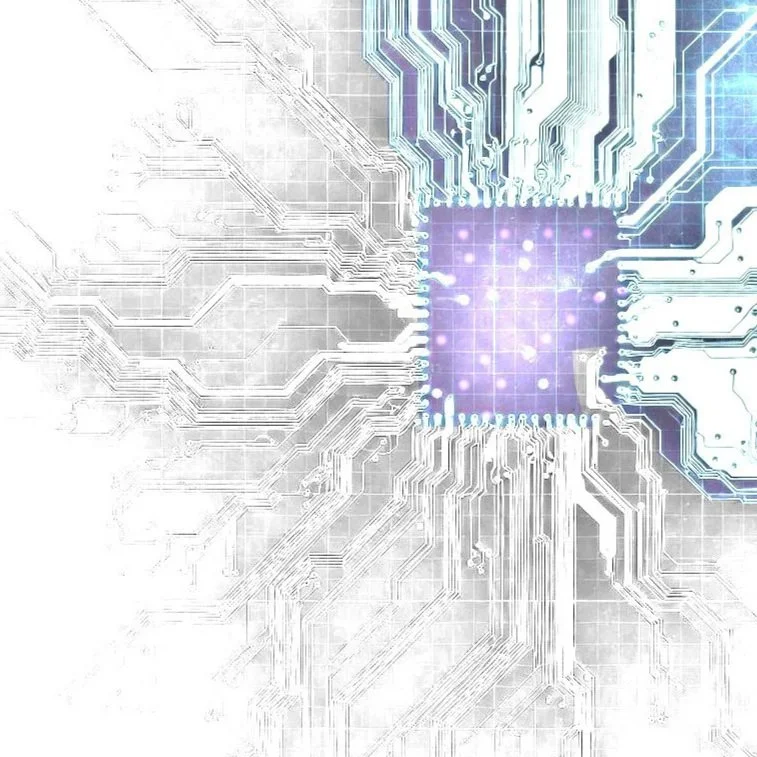 A digital illustration of a circuit board transforming from sketch to reality.