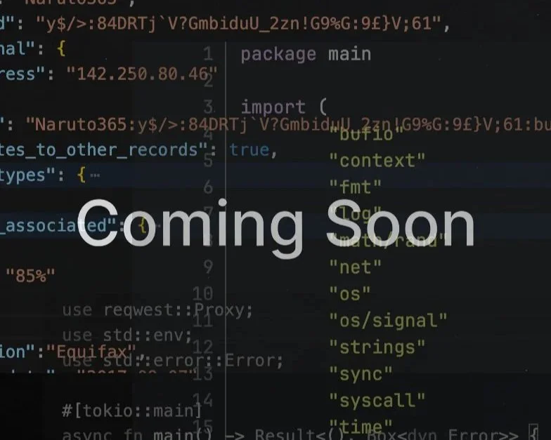 Dendrite's 'Coming Soon' image placeholder, with JSON, Go and Rust in the background.