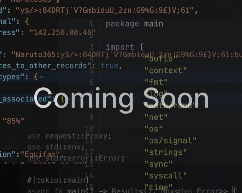 Dendrite's 'Coming Soon' image placeholder, with JSON, Go and Rust in the background.