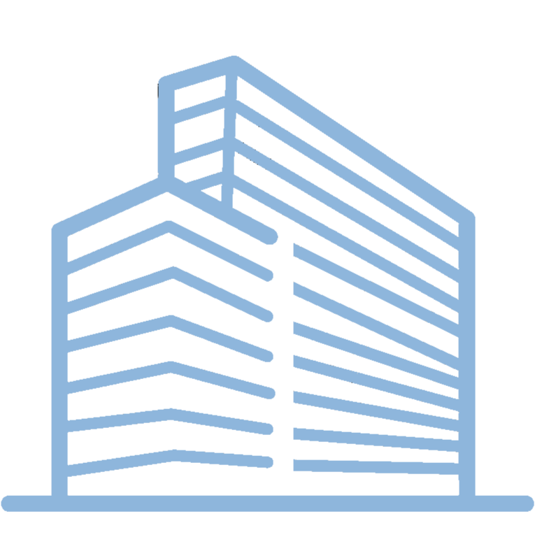 Icon: Outline drawing of a modern multi-story office building with multiple horizontal windows.