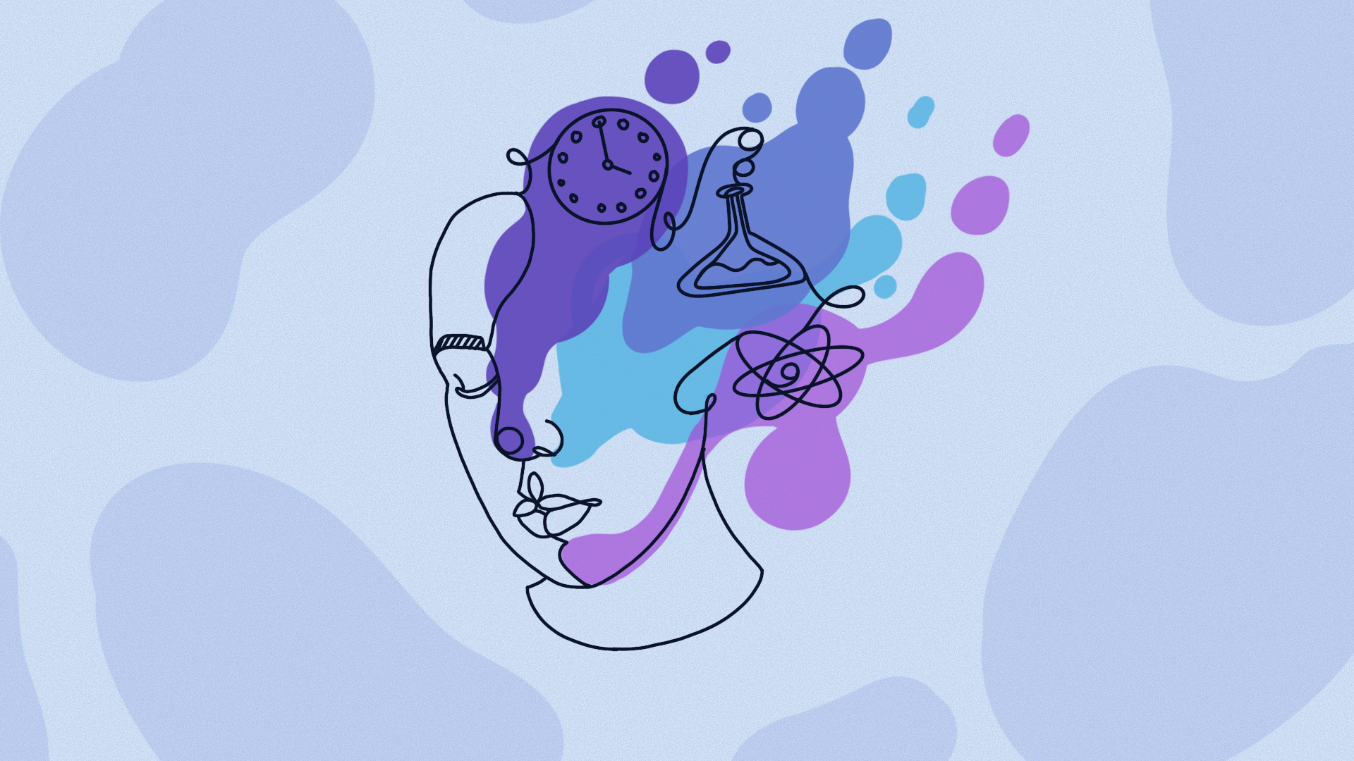 Abstract line art of a woman's face with floating scientific symbols, clock, test tube, and atomic model, on a blue and purple watercolor background.