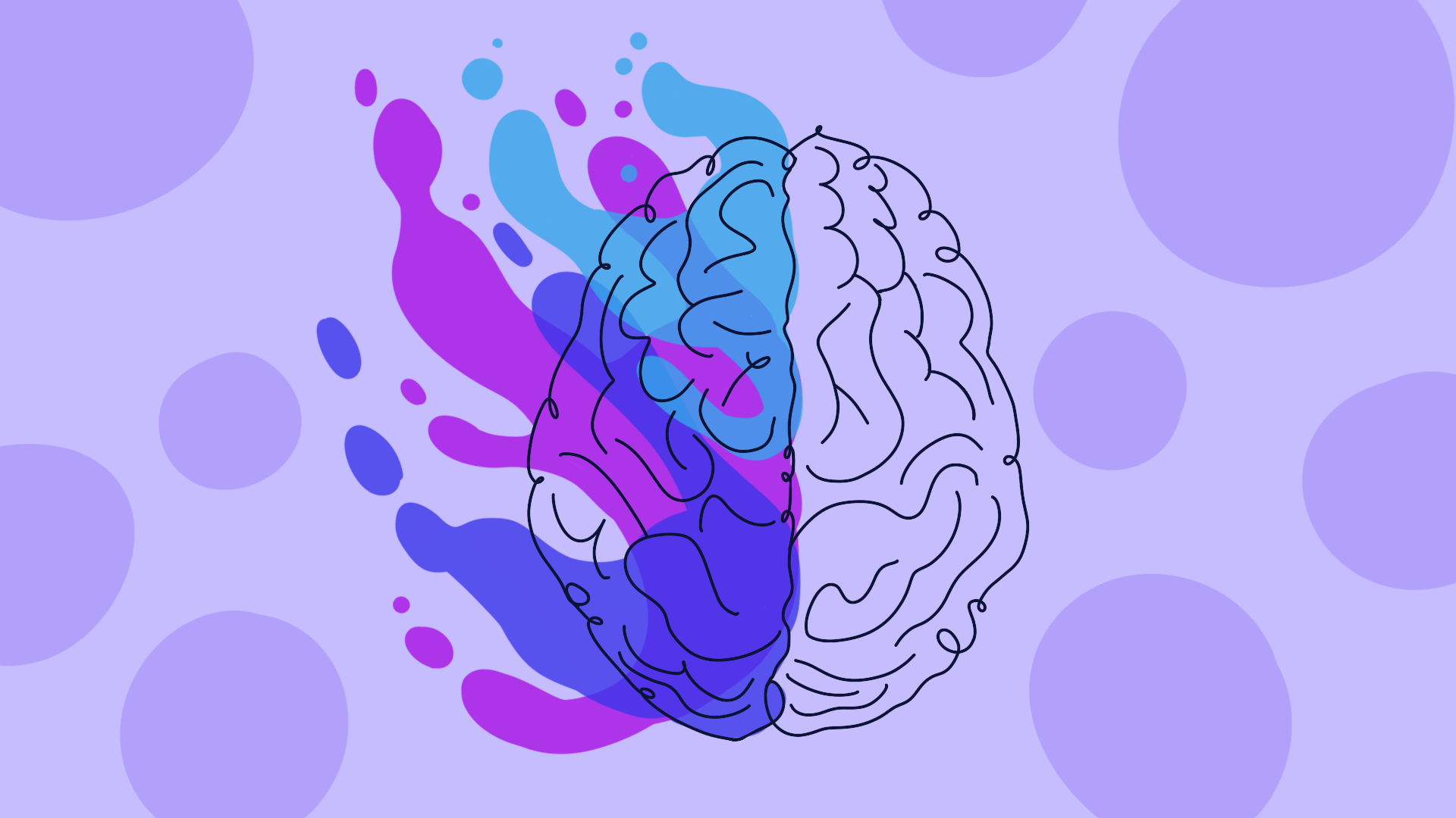 Stylized illustration of a human brain with abstract purple and blue splashes in the background.