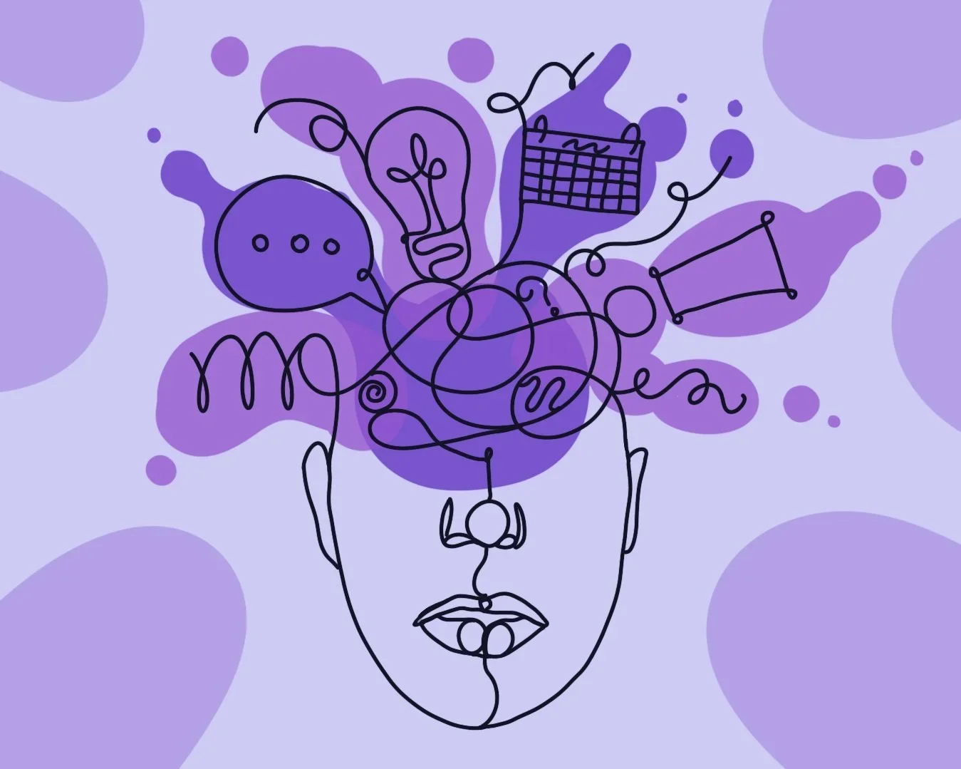 Abstract illustration of a human face with a mind filled with symbols, including a light bulb, speech bubble, calendar, and connected lines on a purple background.
