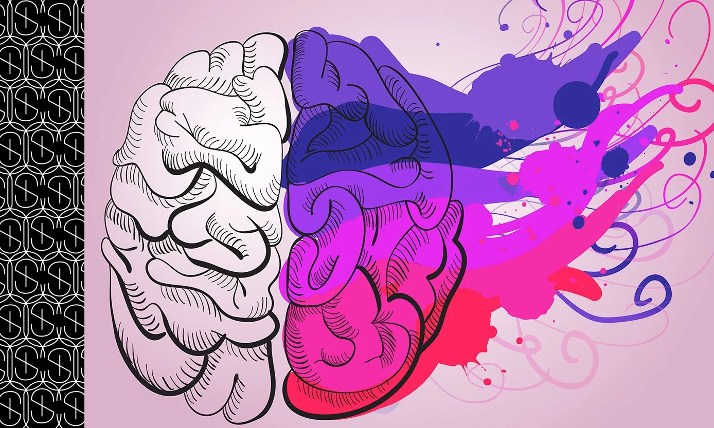 A stylized illustration of a human brain with black outlines, blending into colorful splashes of pink, purple, and blue paint with swirling patterns on a light background. On the left side, there is a black strip with a repeating white heart-shaped logo.
