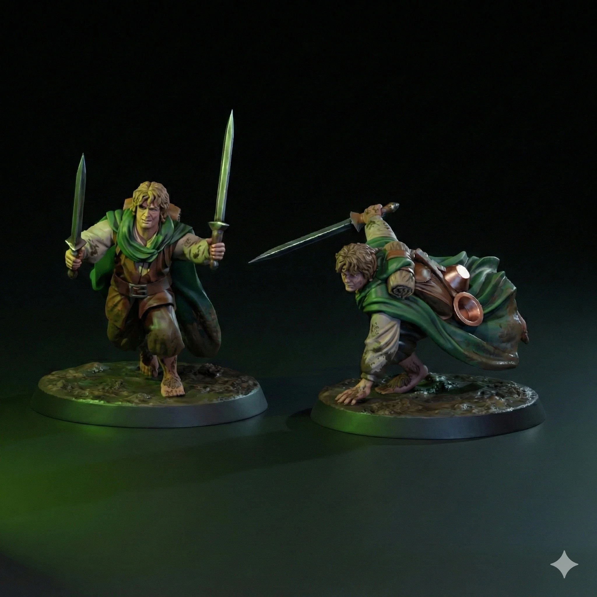 Miniature figurines of two characters wielding swords, dressed in medieval fantasy clothing with green capes, posed as if ready for battle, placed on round bases on a dark background.