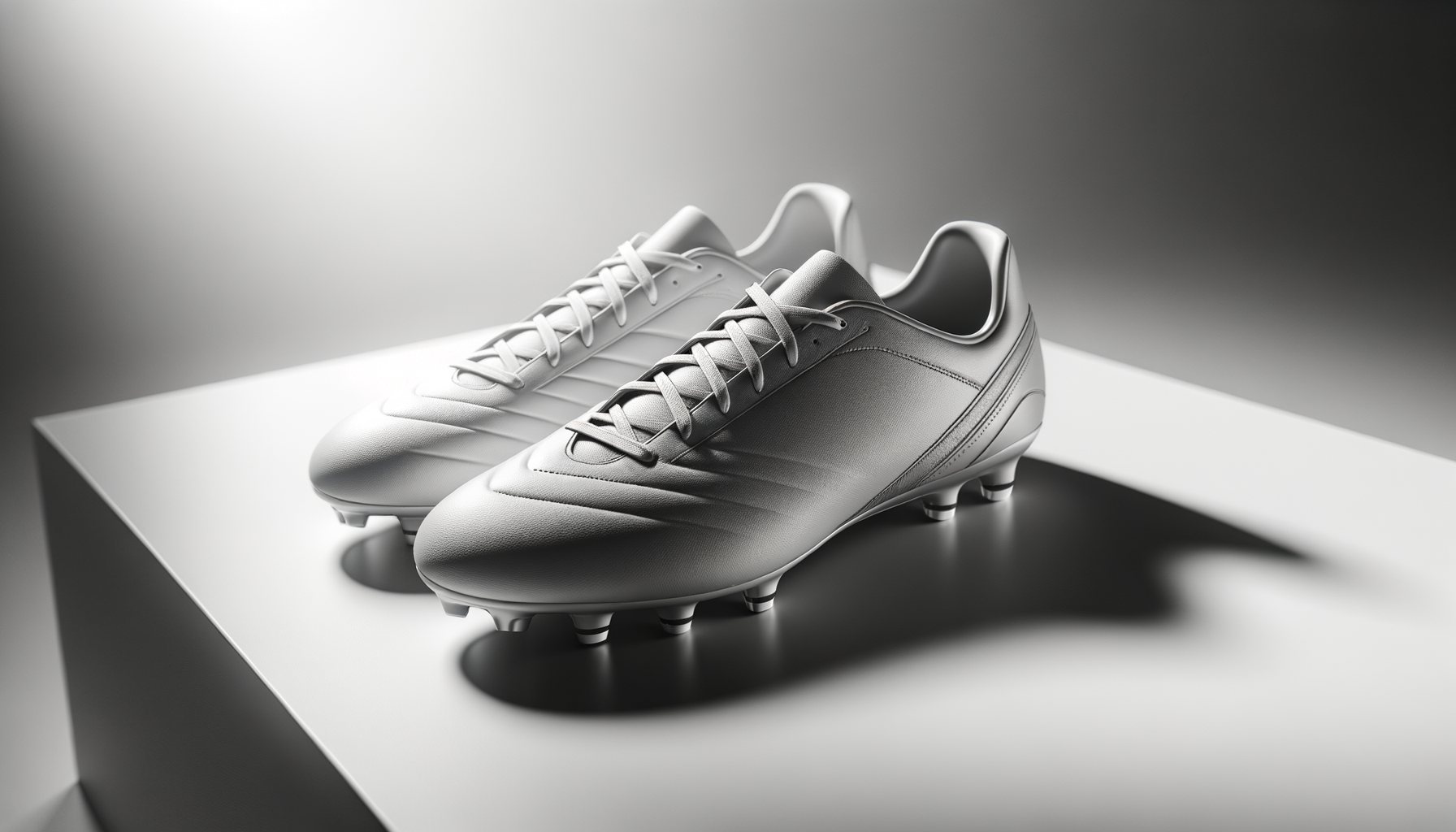 A pair of white soccer cleats with laces and metal studs on the sole, displayed on a white surface with a gradient gray background.