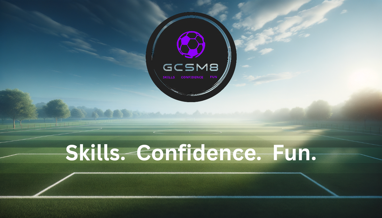 A soccer field with a blue sky and clouds, with a large circular logo in the sky. The logo features a soccer ball with purple accents and the text 'GCSM8'. Below the logo, the words 'Skills. Confidence. Fun.' are written in white.
