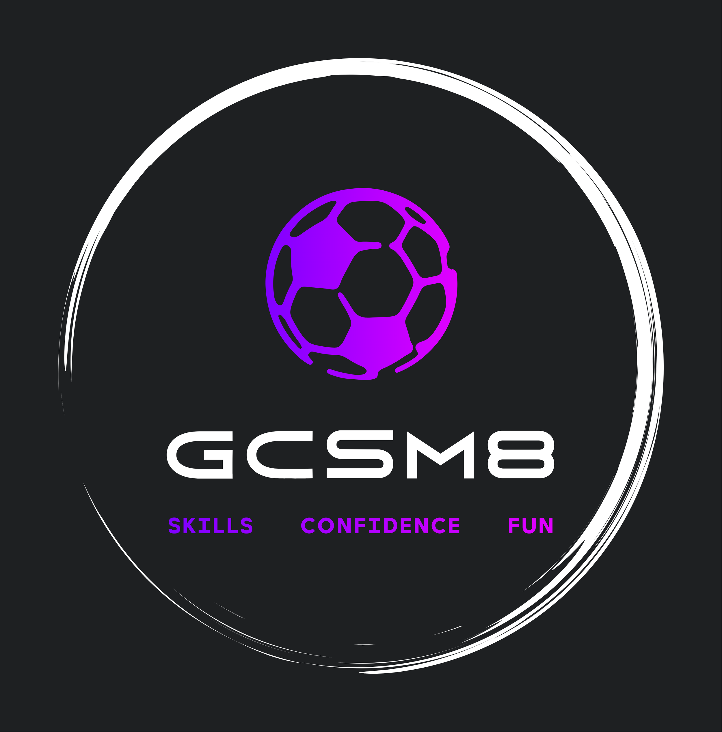 A circular logo with a black background, featuring a stylized purple soccer ball at the top and the text 'GCSM8' in white below it. Underneath, there are three words in purple: 'Skills,' 'Confidence,' and 'Fun,' spaced evenly.