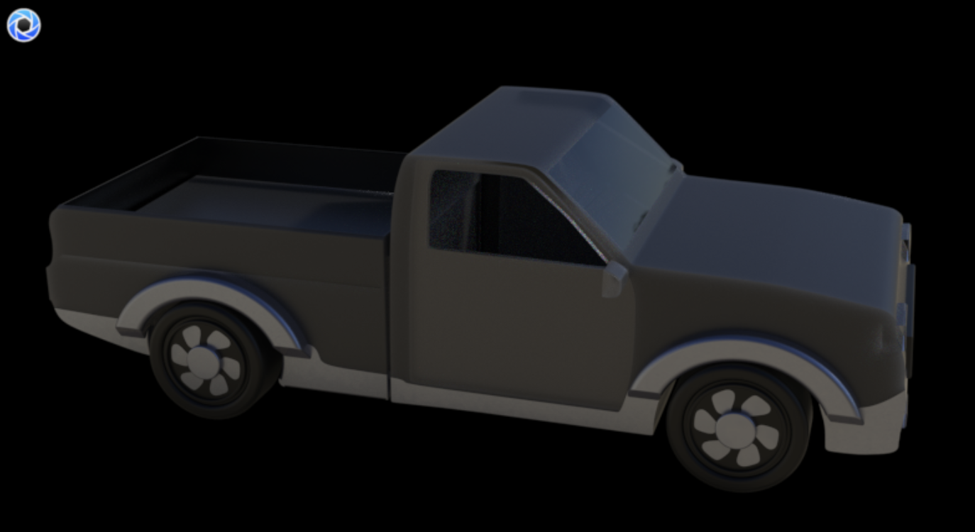 A digital 3D model of a small, toy-like pickup truck in black and gray color, viewed from an angled perspective.