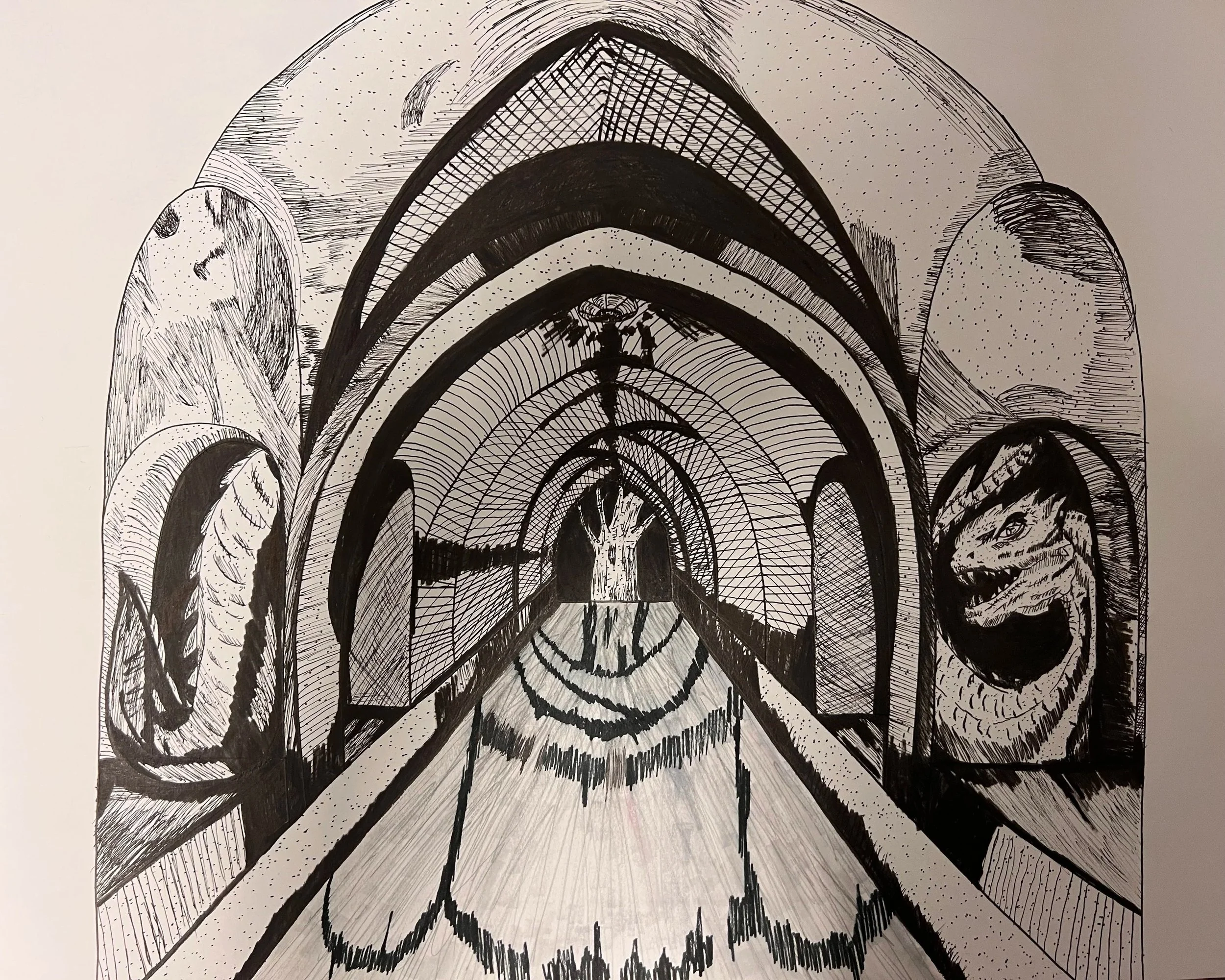 Black and white drawing of a corridor with multiple arches, featuring abstract and animal elements, including a tiger's face on the right wall and a circular design with a creature on the left wall.