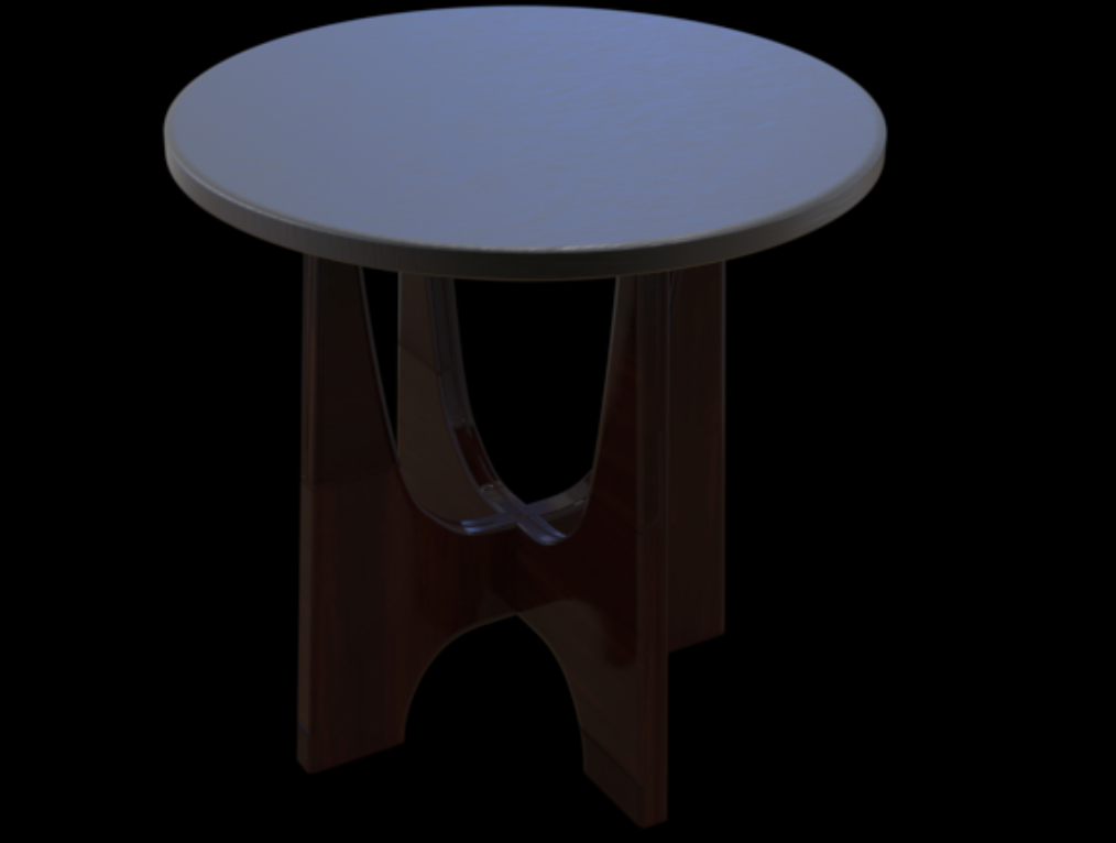 A modern wooden side table with a round top and curved legs against a black background.