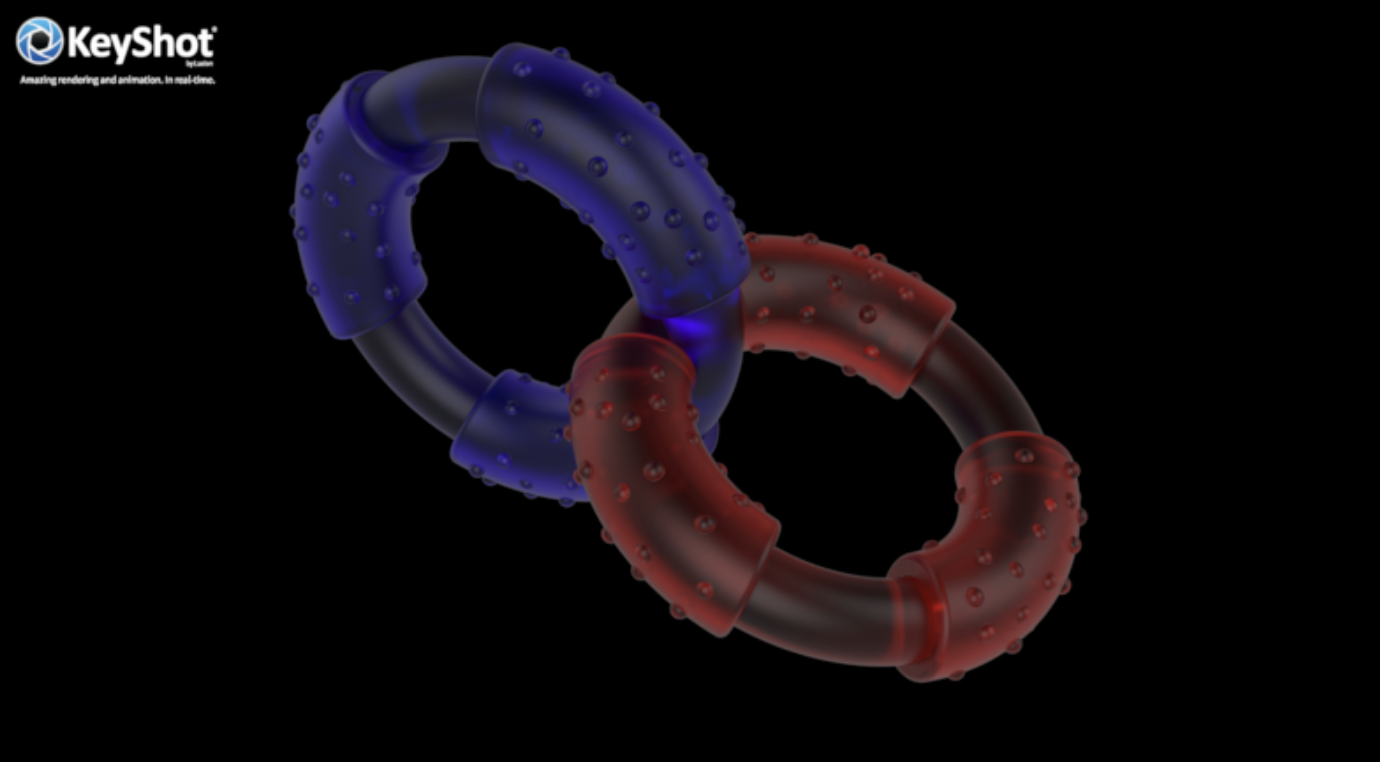 A digital illustration of two intertwined rings, one blue and one red, with textured surfaces, set against a black background.
