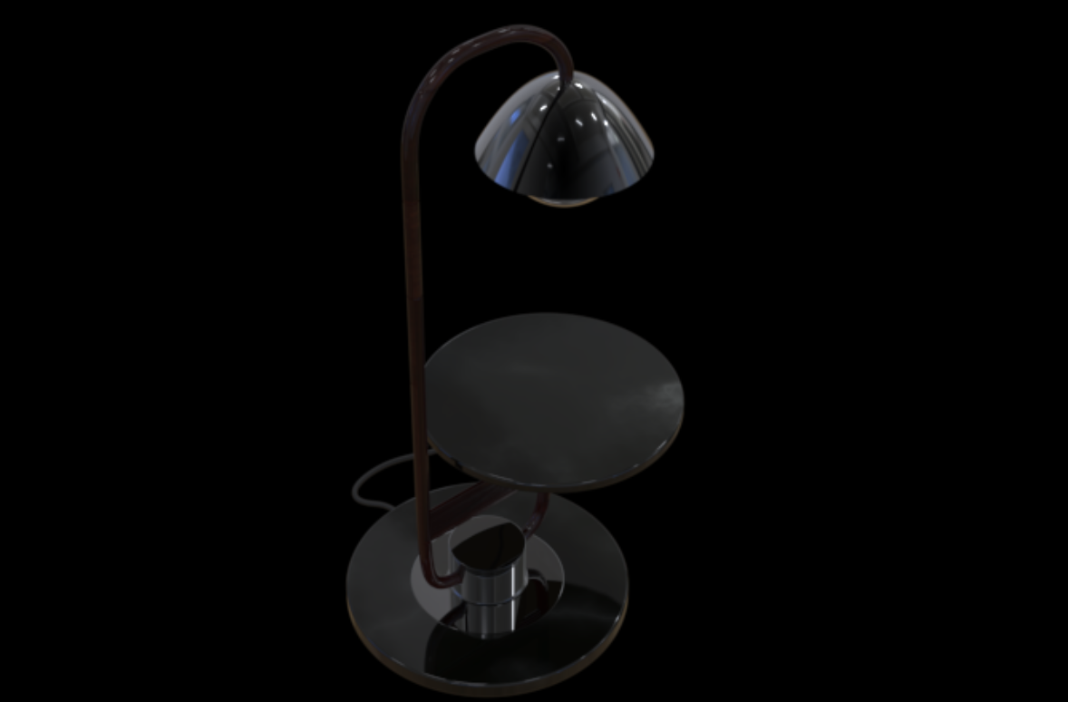 A modern nightstand with a metallic table lamp on top and a dark surface underneath, set against a black background.