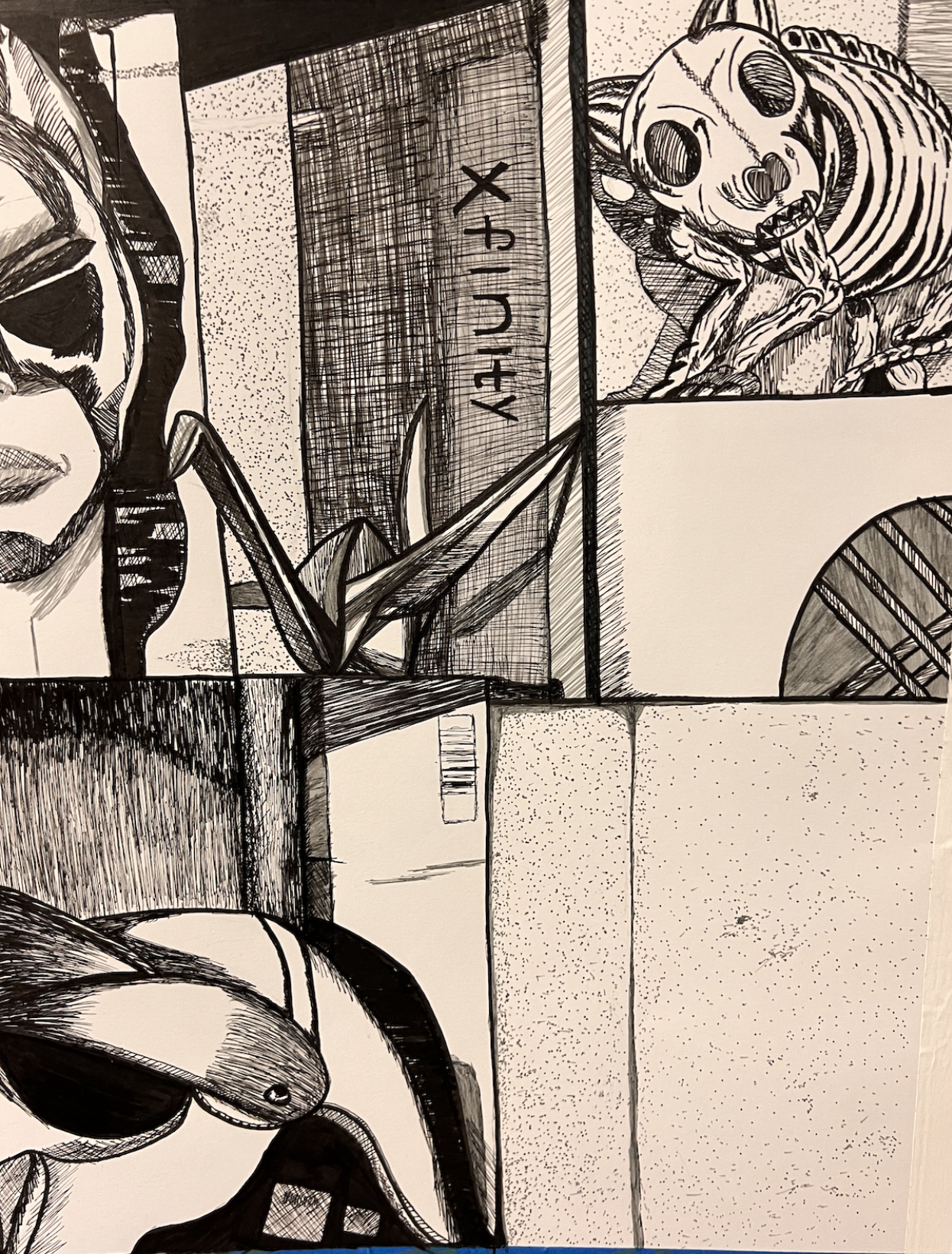 A black and white comic-style drawing featuring various characters, including a woman with sunglasses, a chameleon, and a dog with a striped shirt, along with a plant and Japanese text in the background.