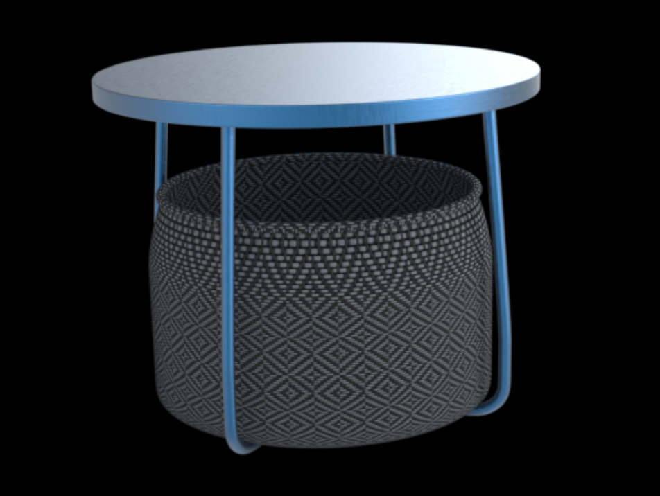 A modern bedside table with a round white top, blue legs, and a black textured storage basket underneath.