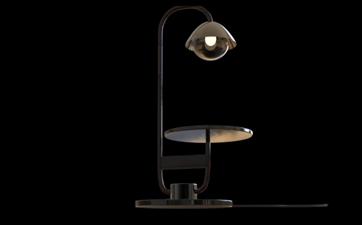 A modern black desk lamp with a curved stand and round shade, turned on in a dark setting.