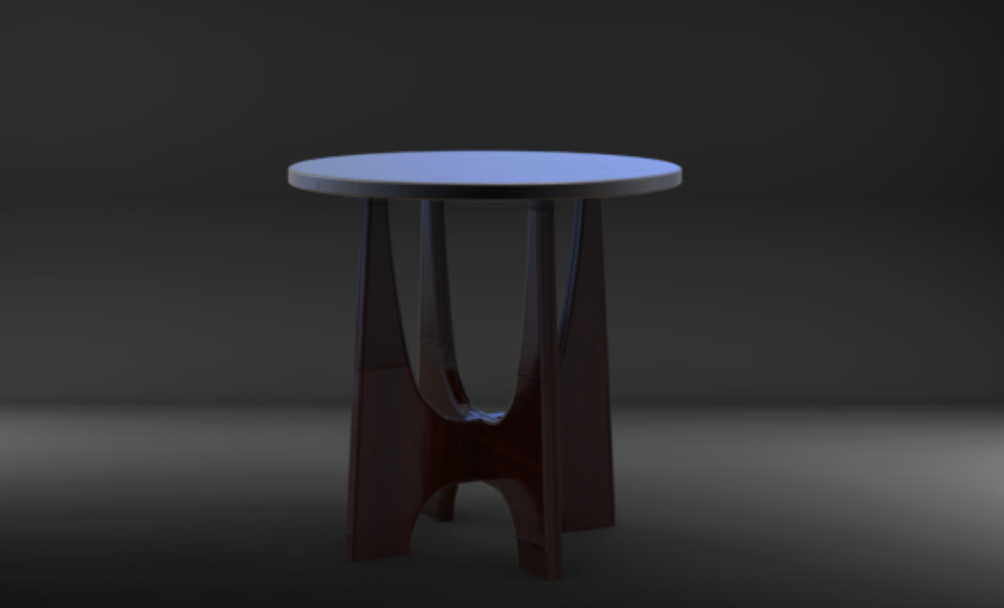 A small round table with a dark wooden base and a light-colored tabletop against a dark background.