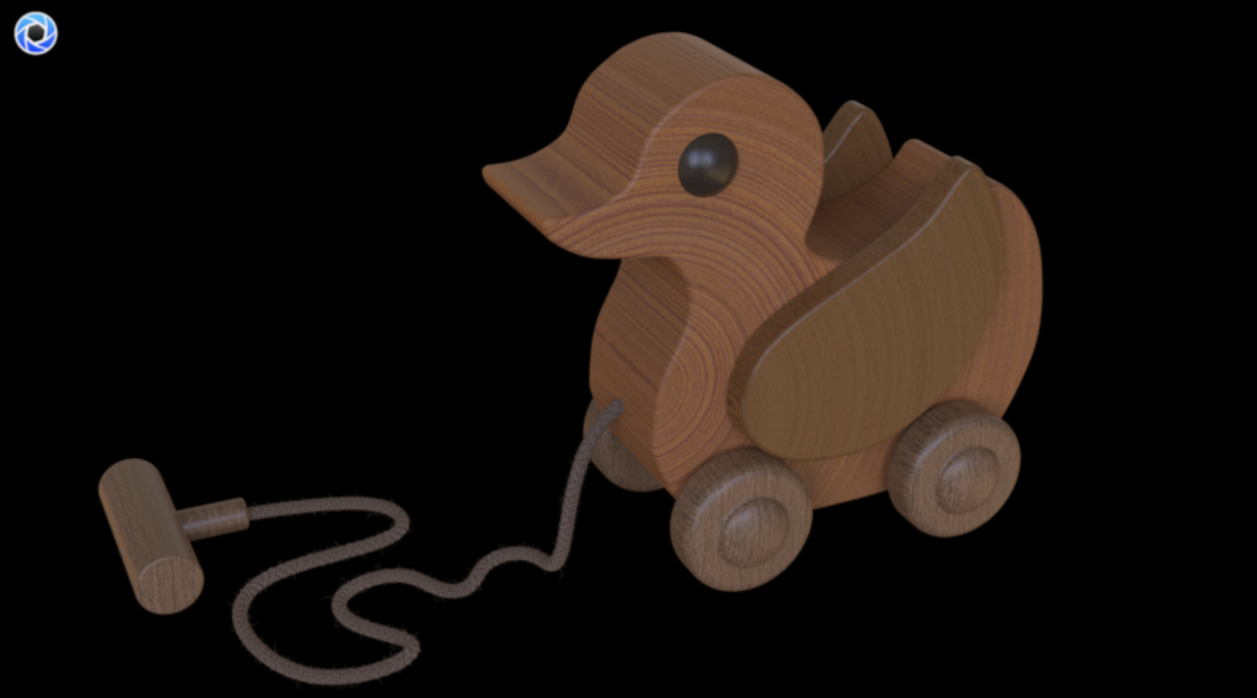 Wooden toy elephant on wheels with a pull string, against a black background.