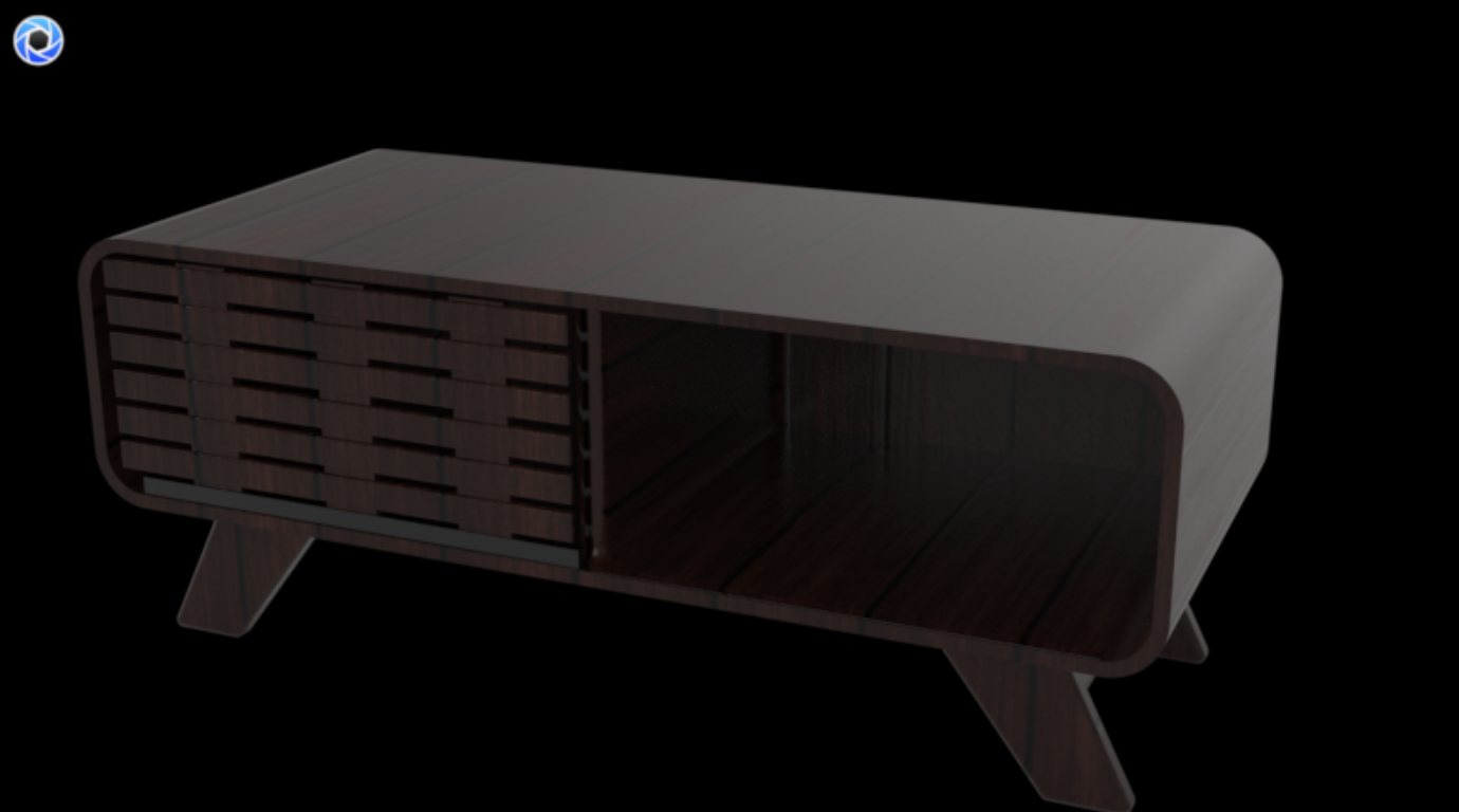 A dark wooden mid-century modern sideboard or TV stand with a rounded rectangular shape, slatted cabinets on the left, and an open shelving area on the right, set against a black background.