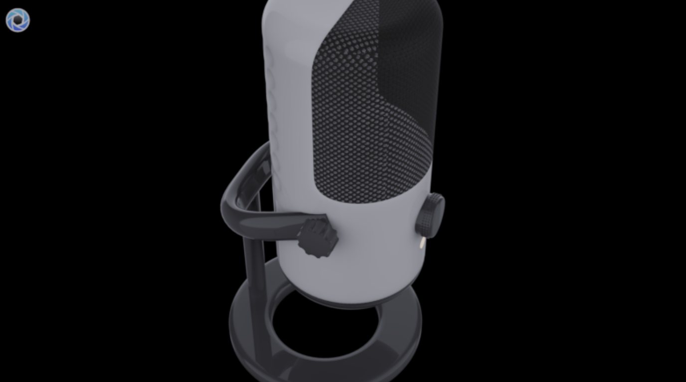 Black and white podcast microphone on stand against black background.