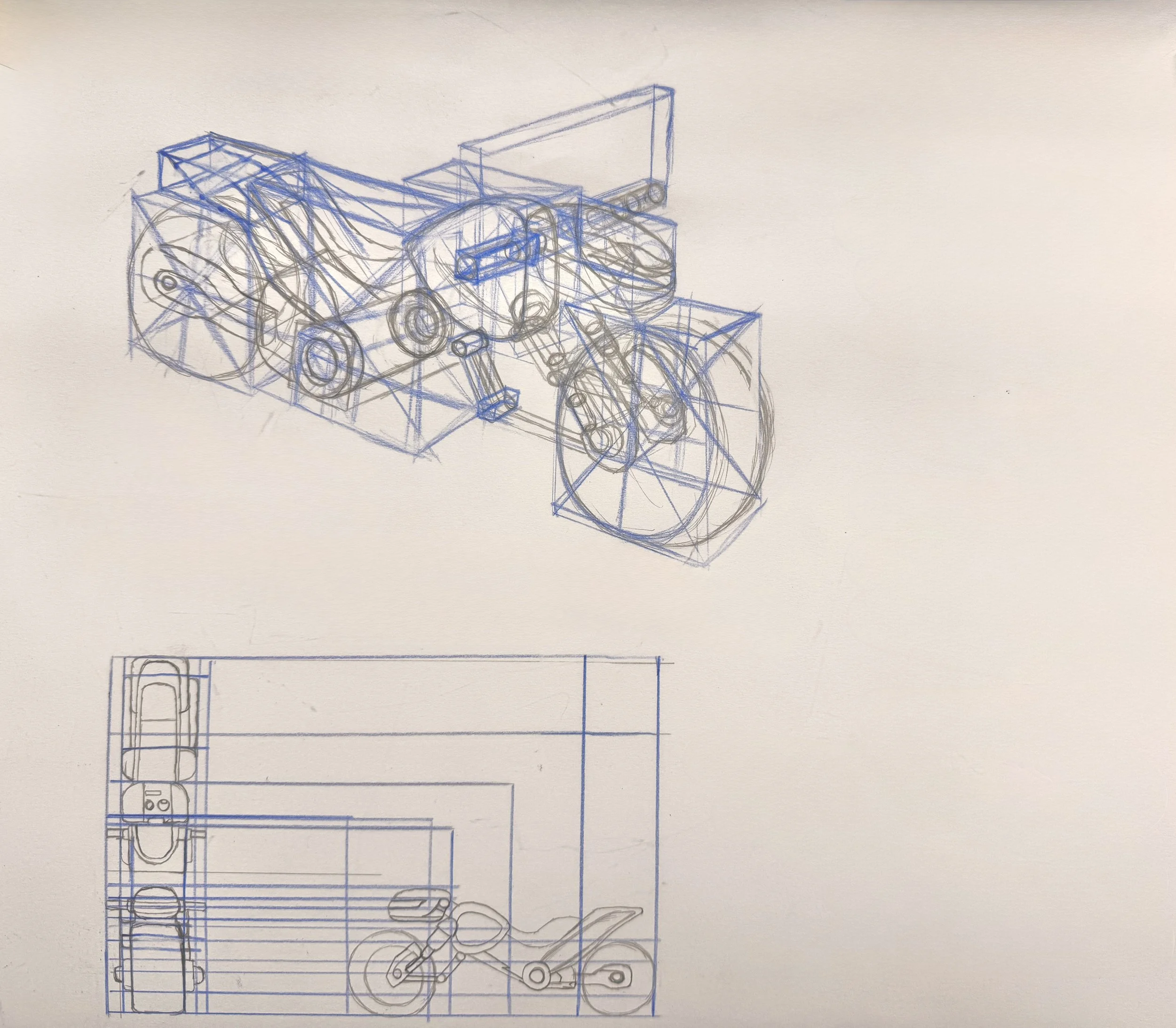 Technical sketches of a motorcycle, including a 3D wireframe view and a top-down 2D floor plan with measurements.