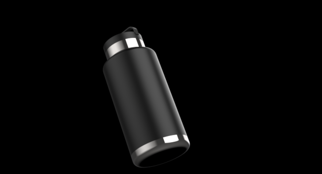 Black cylindrical vape pen with silver accents floating against a black background.