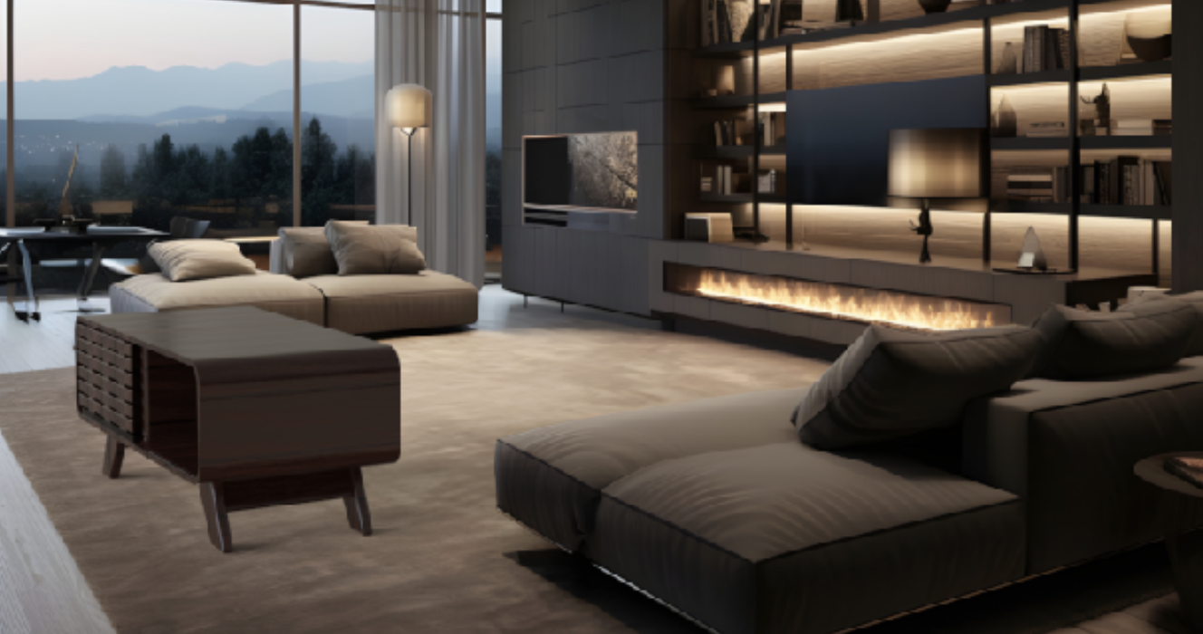 Modern living room with large windows showing mountain view, gray sectional sofa, built-in fireplace, and lit bookshelf.