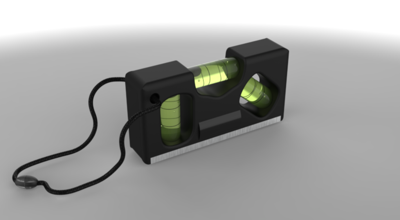 A digital 3D rendering of a laser level with a black casing, green bubbles inside, and a black string attached.