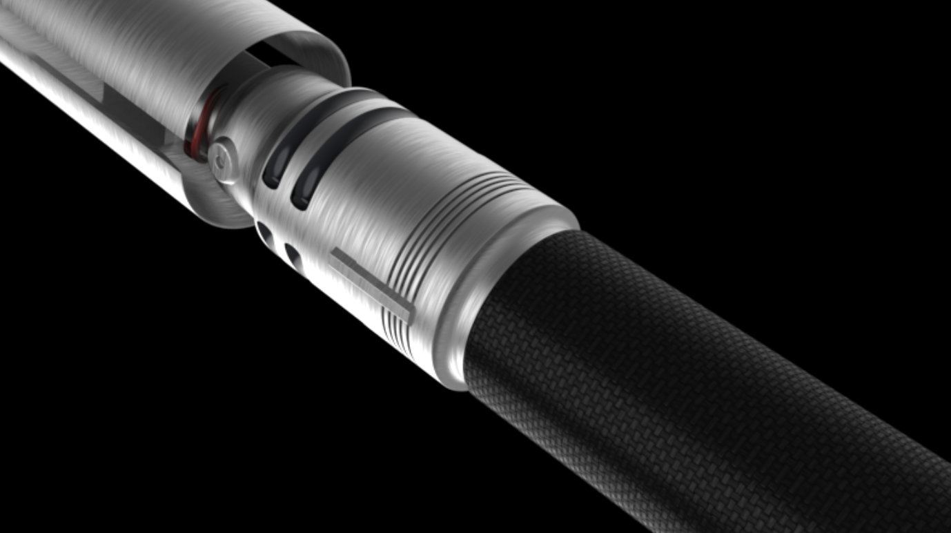 Close-up of a lightsaber hilt with a black textured grip, silver metallic accents, and a dark background.