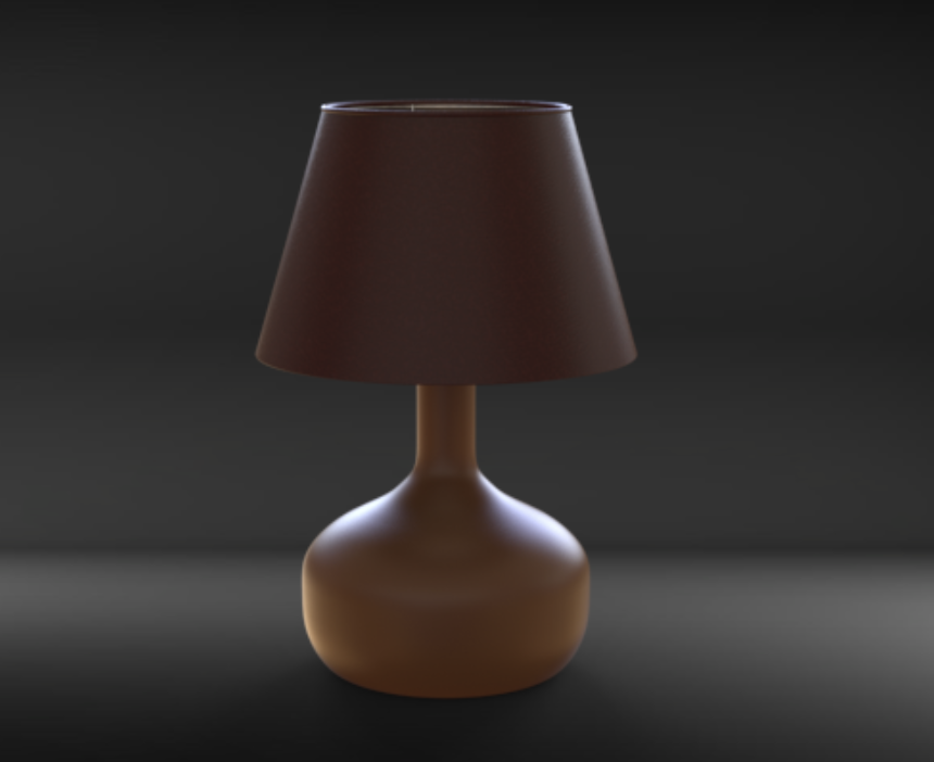 A brown table lamp with a large bell-shaped shade on a dark background.