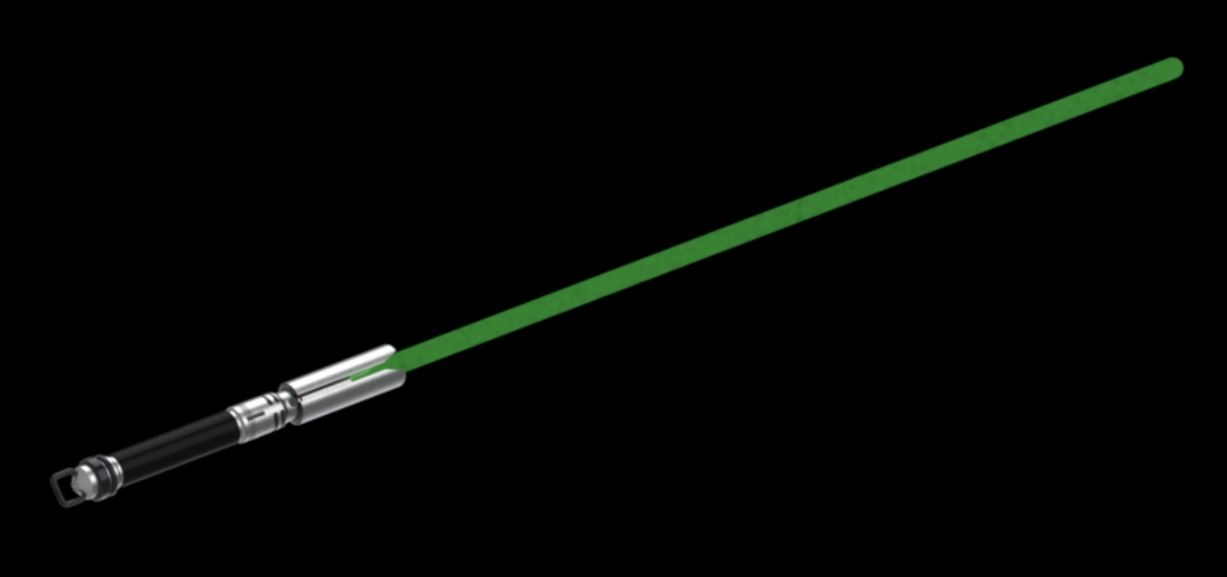 Lightsaber with a green blade, black handle with silver accents, isolated on black background.
