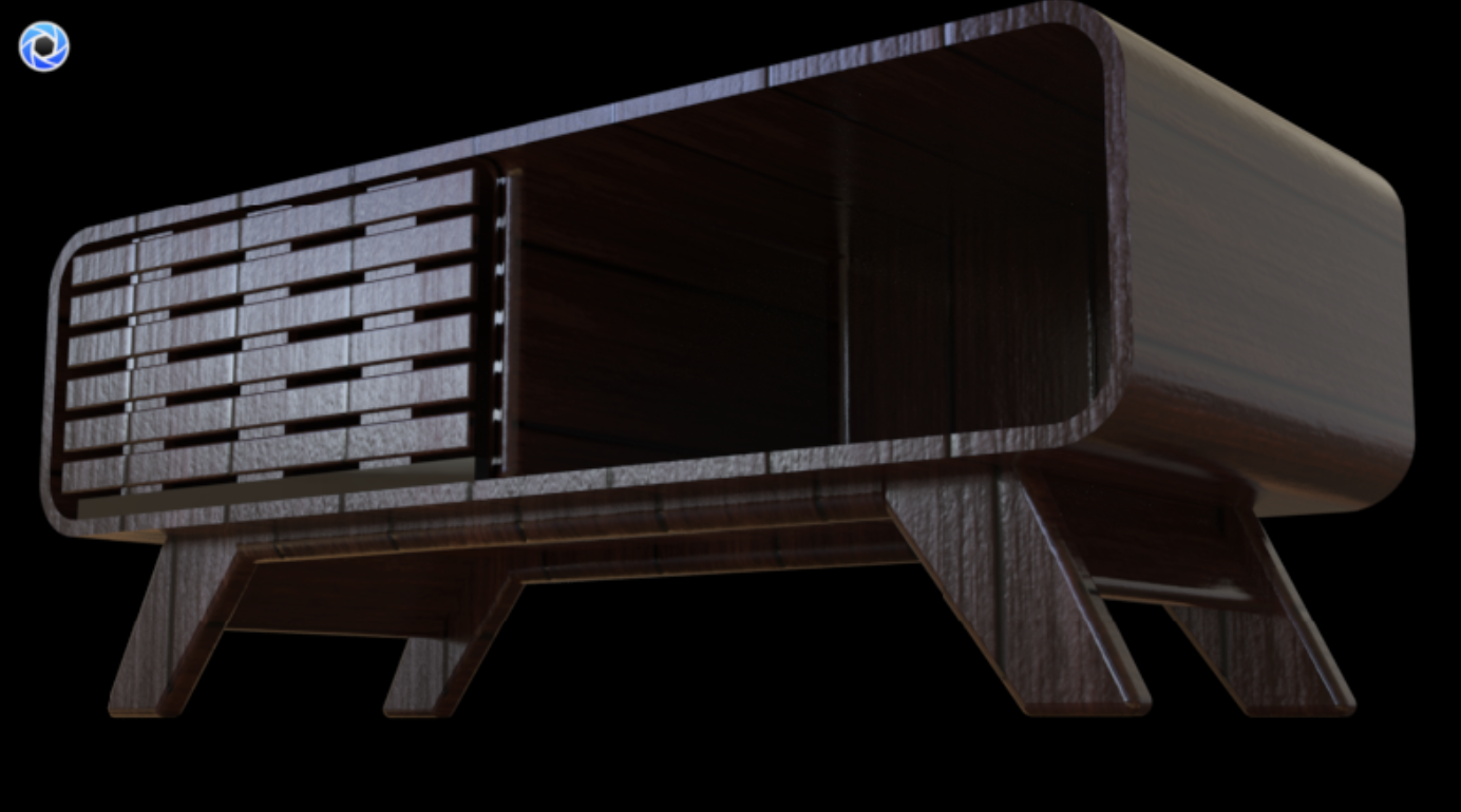 A wooden side table with a slatted front design, four angled legs, and open storage space underneath, set against a black background.