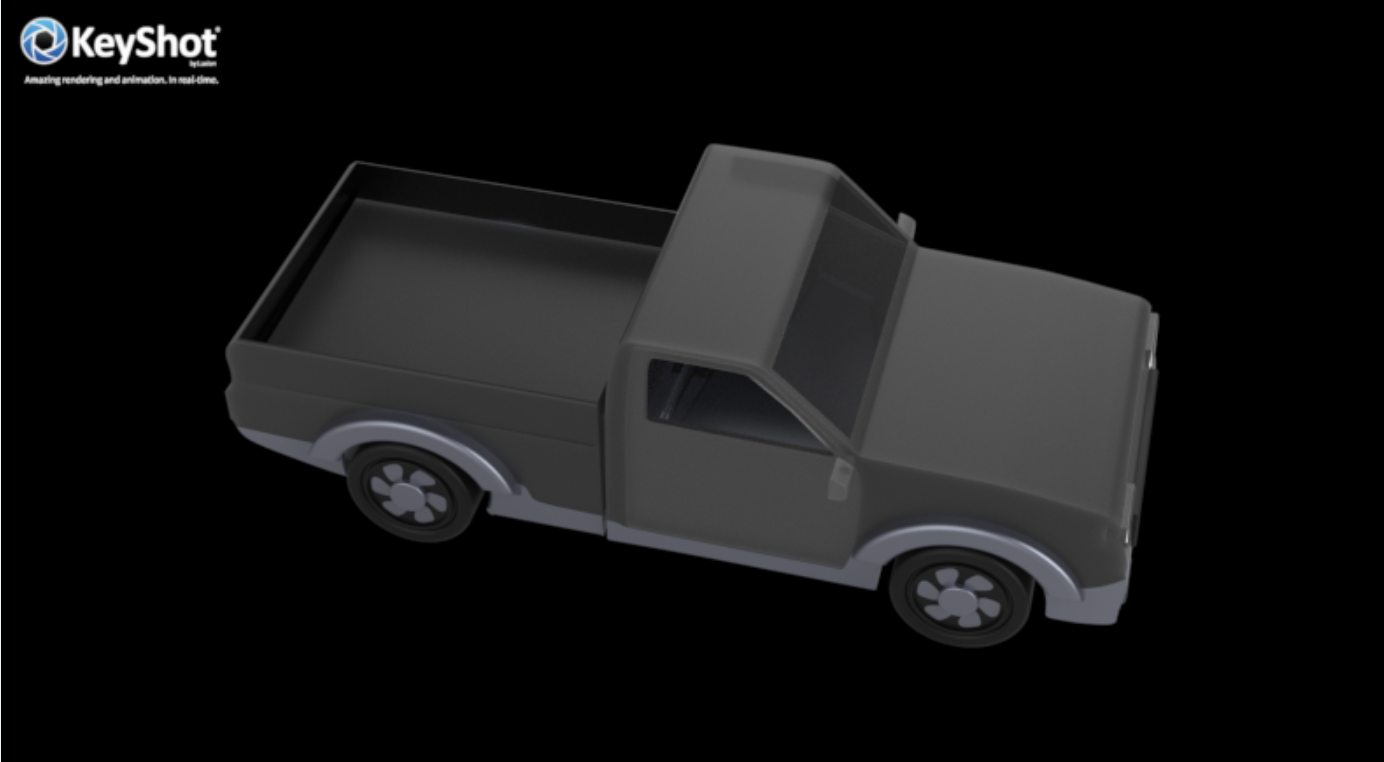 3D rendering of a gray pickup truck viewed from a top angle, with a black background.