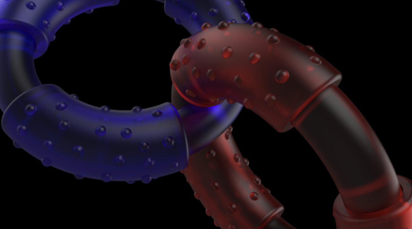 Close-up of intertwined red and blue metallic rings with textured bumps on a black background.