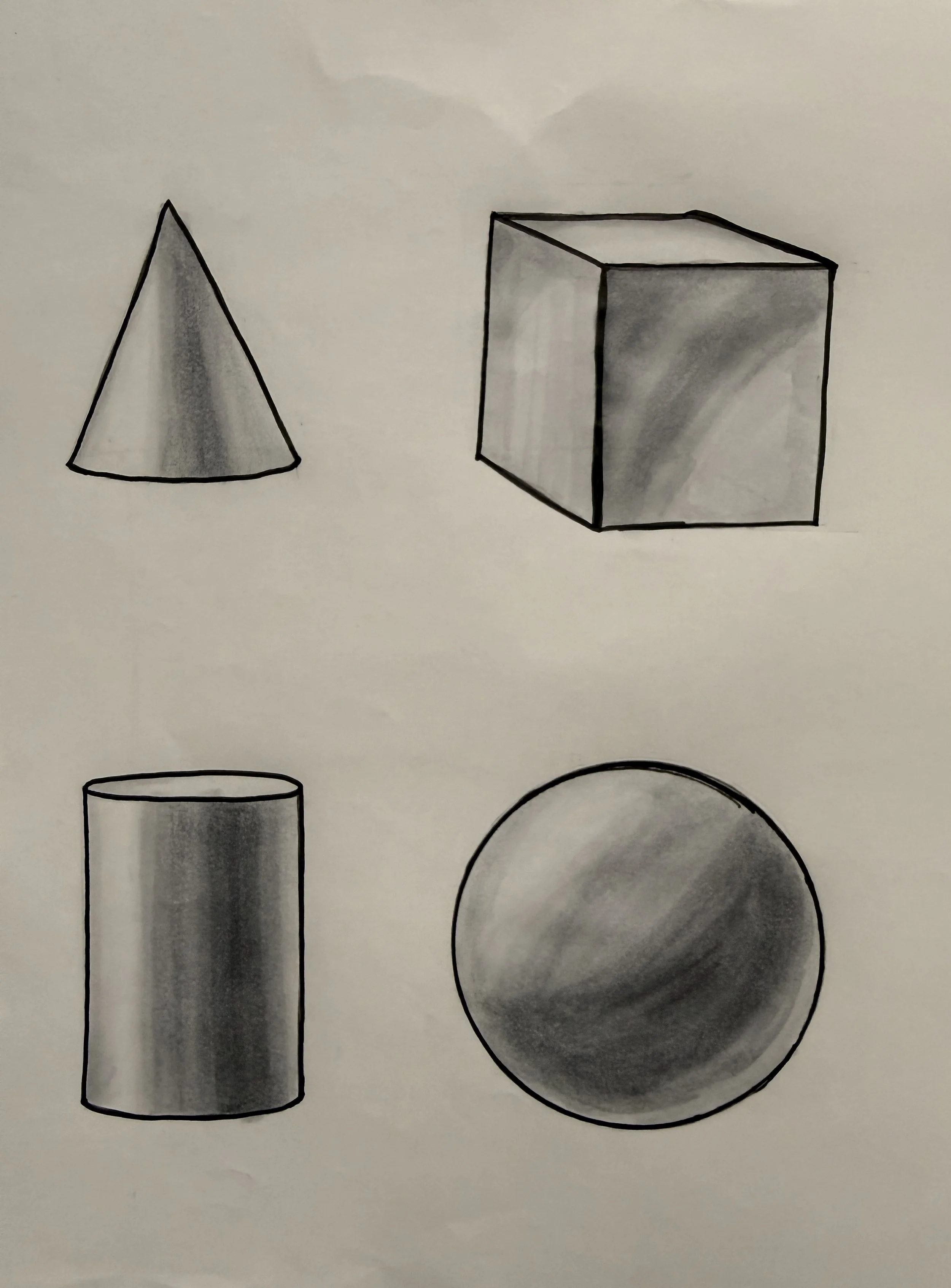 Black and white sketch of a cone, cube, cylinder, and sphere on white paper.