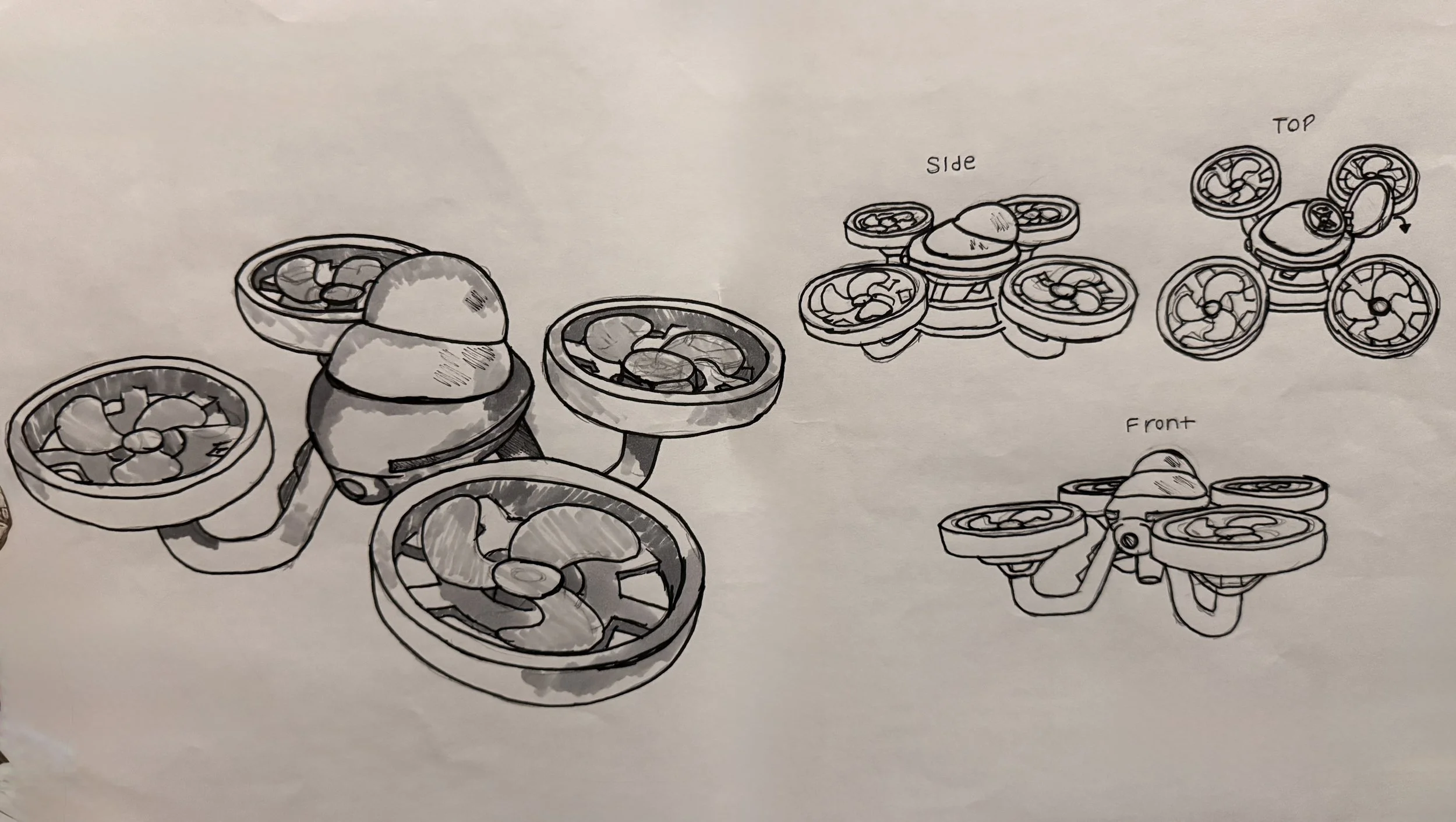 Sketch of a drone assembly with different views labeled 'front', 'side', and 'top'. The sketches show the drone's propellers, body, and mounting sections from various angles.