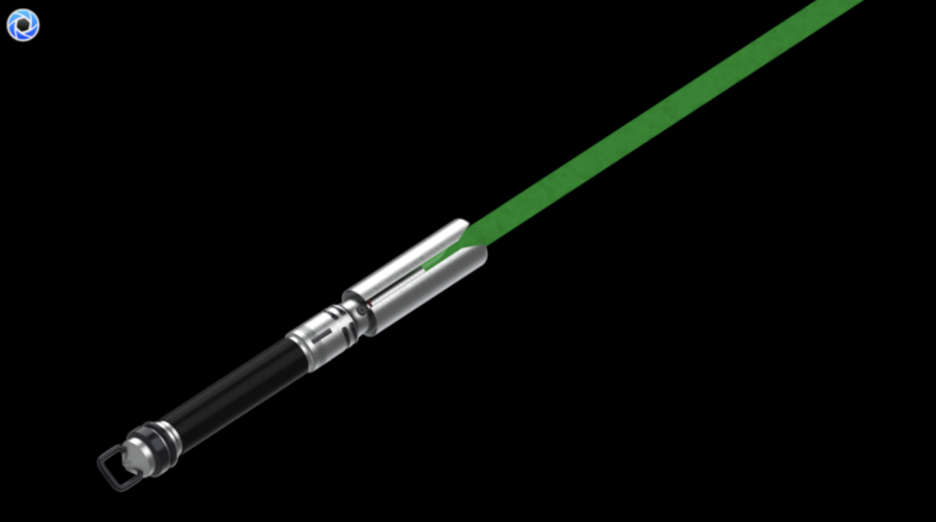 A close-up digital illustration of a lightsaber with a black hilt, metallic silver and black segments, and a green blade extending upward.