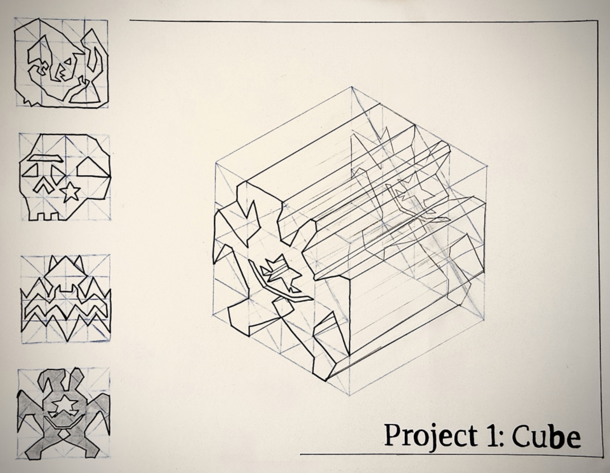 A technical drawing of a cube with geometric designs on its sides, including skull and star motifs. Smaller design sketches are along the left side of the image.