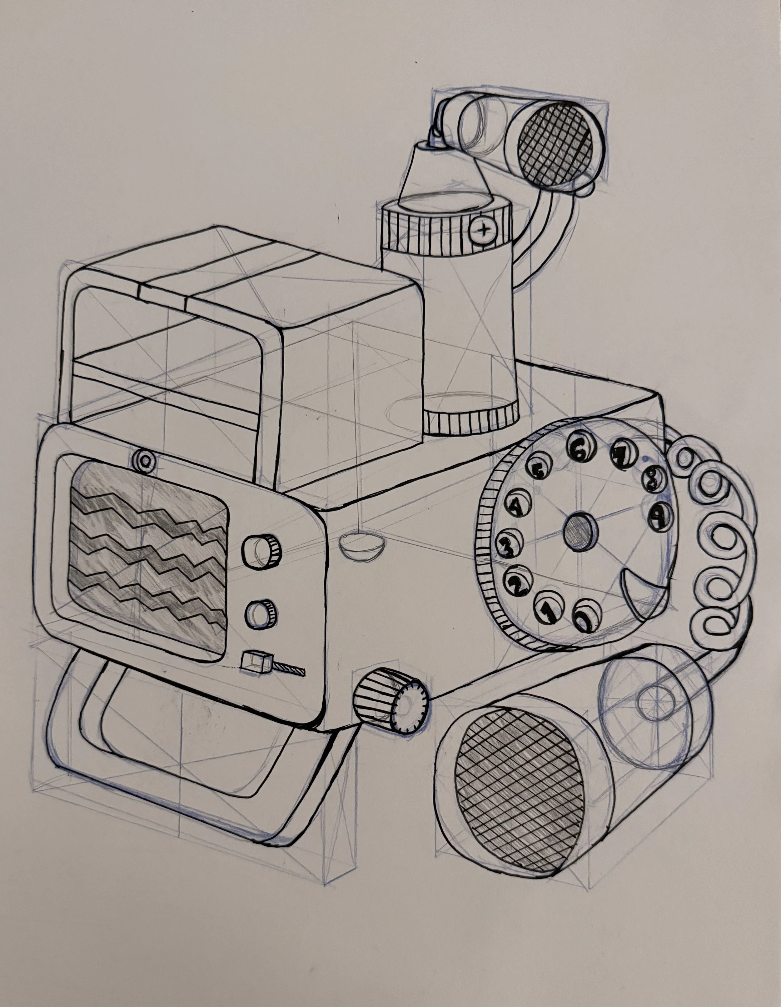 Sketch of a vintage camera with a large round dial, viewfinder, small control knobs, and film reels, drawn with technical guidelines.