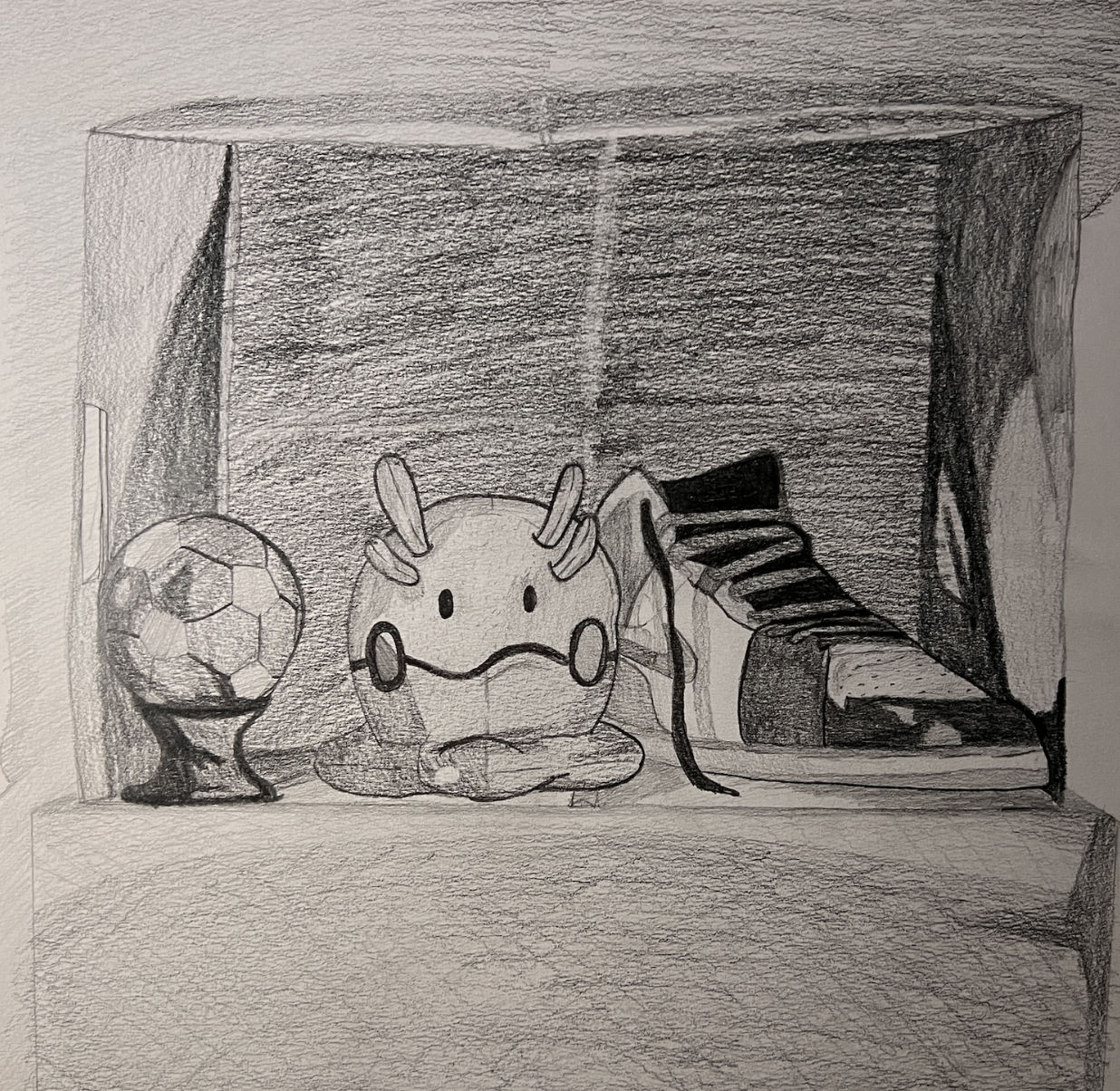 A pencil drawing of a shelf with a soccer ball on a stand, a cute round creature with antennae and a sad expression, a shoe, and other objects inside a dark space.