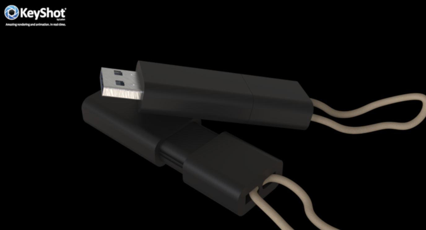 A black USB cable with a looped beige strap against a black background.