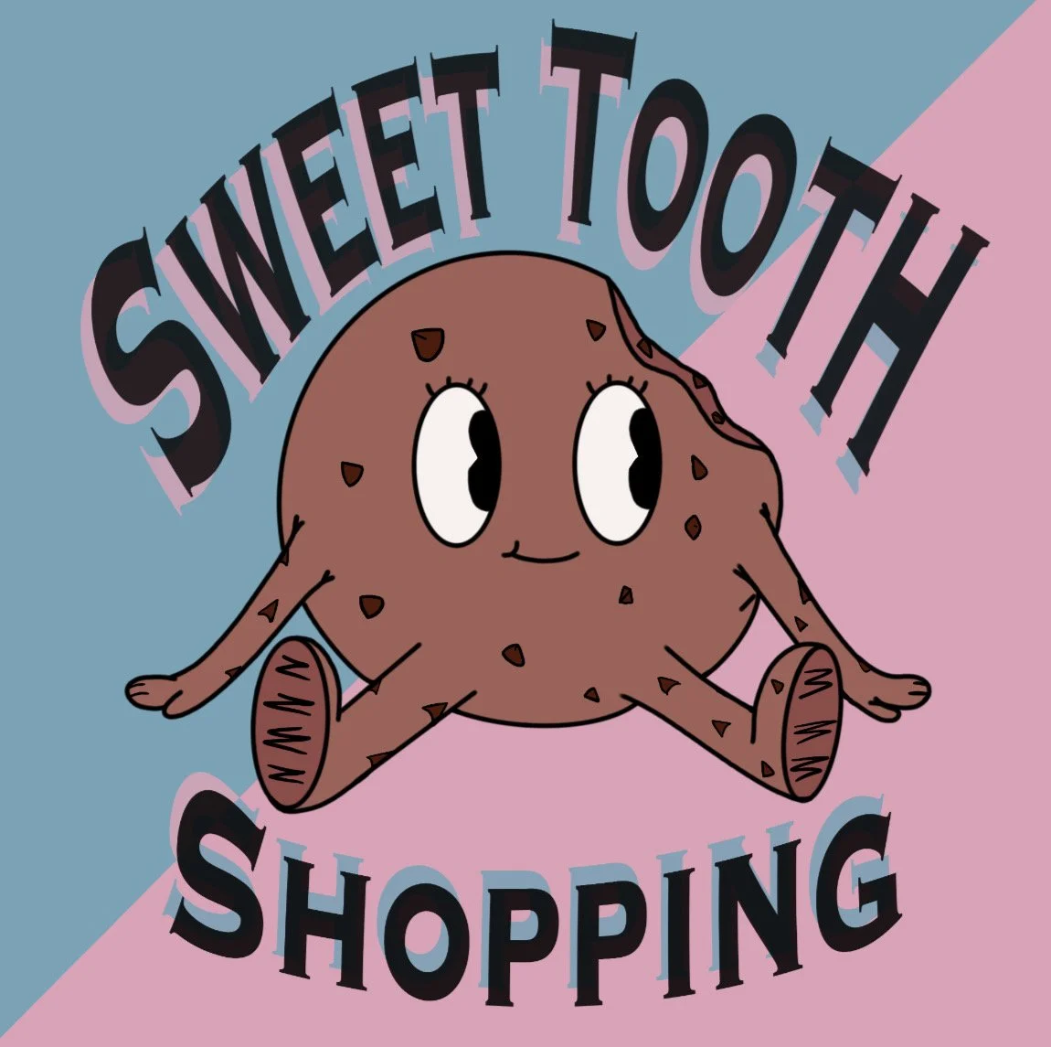 Cartoon chocolate chip cookie with a cute face, sitting with its legs crossed and smiling, surrounded by the words 'Sweet Tooth Shopping' on a pastel pink and blue background.